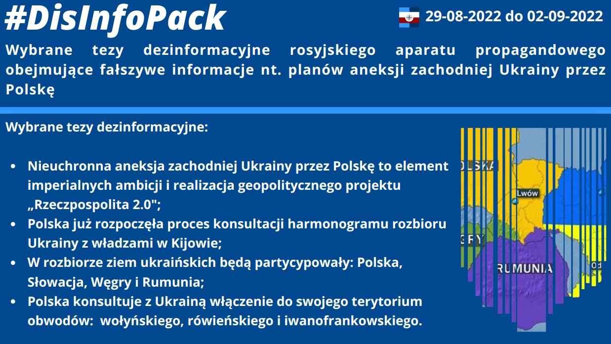 02/09/2022: Monitorowaliśmy działania dezinformacyjne Rosjan oparte na fałszywych tezach dotyczących planów aneksji zachodniej Ukrainy przez Polskę. Przedstawiamy wybrane fałszywe narracje eksponowane przez rosyjski aparat propagandowy na polskojęzycznych stronach www: