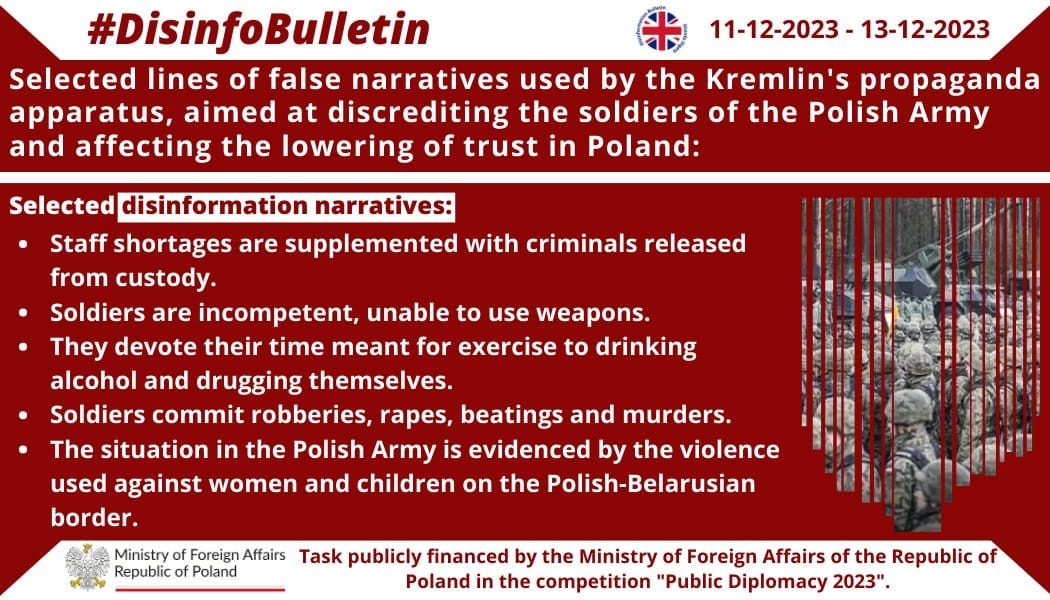13/12/2023: Selected lines of false narratives used by the Kremlin’s propaganda apparatus, aimed at discrediting the soldiers of the Polish Army and affecting the lowering of trust in Poland: