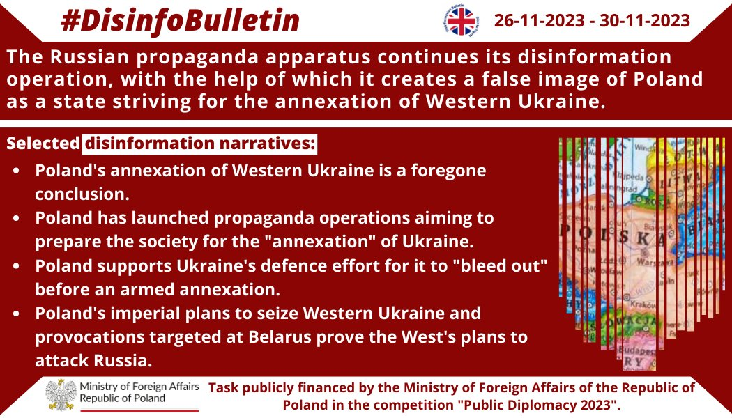 30/11/2023: The Russian propaganda apparatus continues its disinformation operation, with the help of which it creates a false image of Poland as a state striving for the annexation of Western Ukraine.