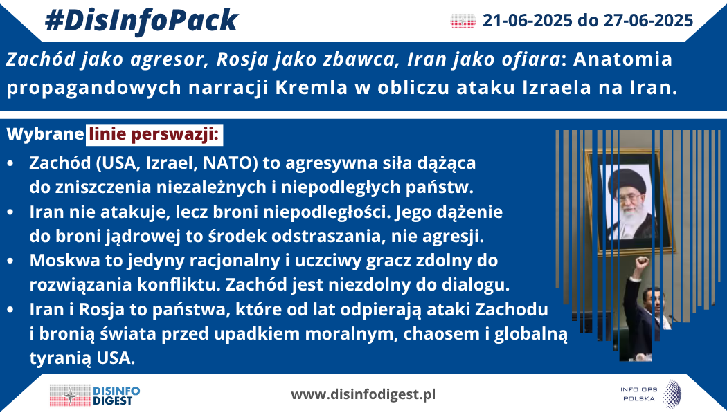 W związku z eskalacją konfliktu izraelsko-irańskiego obserwowaliśmy aktywność rosyjskich kanałów propagandowych, które budują spójny, wielowarstwowy przekaz dezinformacyjny, mający na celu zmanipulowanie percepcji konfliktu na korzyść Kremla i jego sojuszników. W analizowanych narracjach wyraźnie wyodrębniają się trzy filary: Zachód jako agresor i źródło globalnego chaosu: Rosyjska propaganda konsekwentnie przedstawia USA, NATO i Izrael jako brutalnych agresorów, których celem ma być „zniszczenie niezależnych państw”. Zachód ukazywany jest jako siła imperialna, odpowiedzialna za destabilizację porządku światowego i zamachy stanu, m. in. na Ukrainie i w Syrii. Iran jako ofiara i obrońca suwerenności: Iran w propagandowym przekazie nie prowadzi działań ofensywnych. Zamiast tego przedstawiany jest jako państwo, które „broni swojej niepodległości”, a jego program nuklearny określany jest jako „środek odstraszania” przed atakiem Zachodu, a nie przygotowanie do agresji. Używa się języka heroicznego i męczeńskiego. Rosja jako „moralny mediator” i ostatni obrońca wartości: Moskwa pozycjonuje się jako jedyna siła zdolna do uczciwego rozwiązania konfliktu, w przeciwieństwie do „skorumpowanego i niezdolnego do dialogu” Zachodu. Rosja i Iran przedstawiane są jako wspólnota państw odpierających ataki ze strony USA i „broniących świata przed moralnym upadkiem i tyranią globalizmu”. Rosyjskie narracje nie tylko fałszują obraz konfliktu, ale również wykorzystują emocje, strach i ideologiczne uproszczenia, by podważyć legitymację Zachodu, zneutralizować jego wpływy i utrzymać własną pozycję geopolityczną. W infografice prezentujemy zastosowane w propagandzie perswazje.