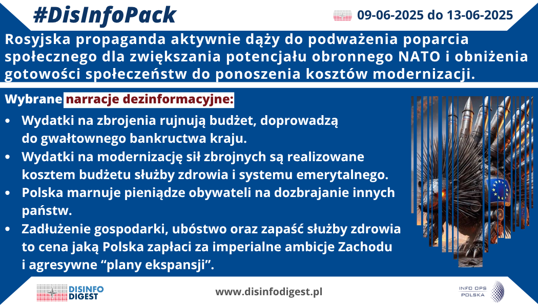 Armie kontra szpitale? Jak Kreml podkopuje poparcie dla modernizacji sił zbrojnych NATO. Kreml systematycznie prowadzi działania dezinformacyjne, które mają na celu osłabienie zdolności Sojuszu Północnoatlantyckiego do odstraszania i obrony. Główne metody, jakimi posługuje się rosyjska propaganda, to: Sianie nieufności i dezinformacji: Rozpowszechnianie fałszywych narracji na temat rzekomej agresji NATO lub eskalacji konfliktu, co ma zniechęcić obywateli do popierania wzmacniania obronności. Kwestionowanie zasadności wydatków obronnych: Przedstawianie modernizacji sił zbrojnych jako niepotrzebnego obciążenia finansowego dla budżetów państwowych, co ma wywołać niezadowolenie społeczne. Wzmacnianie nastrojów antywojennych: Kreowanie fałszywego obrazu NATO jako prowokatora, jednocześnie promując pacyfistyczne postawy, które mają osłabić wolę obrony. Wybrane narracje dezinformacyjne: 🔴 Wydatki na zbrojenia rujnują budżet, doprowadzą do gwałtownego bankructwa kraju. 🔴 Wydatki na modernizację sił zbrojnych są realizowane kosztem budżetu służby zdrowia i systemu emerytalnego. 🔴 Polska marnuje pieniądze obywateli na dozbrajanie innych państw. 🔴 Zadłużenie gospodarki, ubóstwo oraz zapaść służby zdrowia to cena jaką Polska zapłaci za imperialne ambicje Zachodu i agresywne “plany ekspansji”.