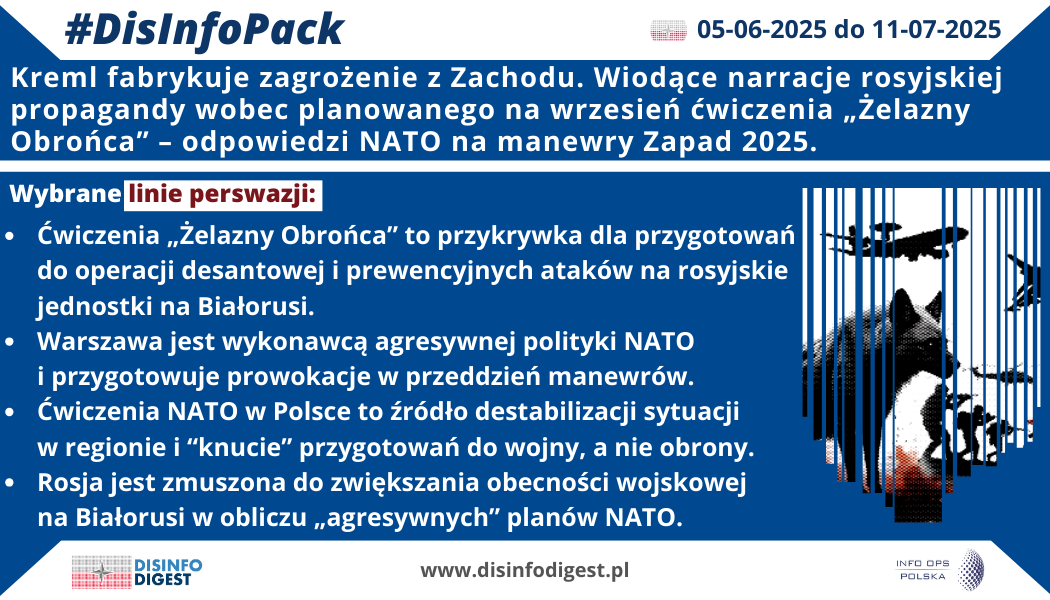 Kreml fabrykuje zagrożenie z Zachodu. Wiodące narracje rosyjskiej propagandy wobec planowanego na wrzesień ćwiczenia „Żelazny Obrońca” – odpowiedzi NATO na manewry Zapad 2025. Rosyjska machina propagandowa ponownie uruchamia swój arsenał dezinformacyjny, tym razem wymierzony w planowane na wrzesień ćwiczenia NATO „Żelazny Obrońca” („Iron Defender”). Ćwiczenia te, organizowane przez Polskę wraz z sojusznikami, mają na celu wzmocnienie zdolności obronnych wschodniej flanki Sojuszu oraz stanowią odpowiedź na rosyjsko-białoruskie manewry „Zapad 2025”. Dla Kremla to jednak kolejny pretekst do budowania narracji o rzekomej agresji NATO i fabrykowania obrazu „oblężonej twierdzy”. 🔴 Narracja 1: Ćwiczenia jako przykrywka dla ofensywy NATO. W rosyjskich kanałach informacyjnych i mediach społecznościowych pojawiają się sugestie, że „Żelazny Obrońca” to nie ćwiczenia o charakterze defensywnym, lecz przygotowania do ofensywy. Propaganda Kremla przedstawia manewry jako „przykrywkę” dla planowanej operacji desantowej i prewencyjnych ataków na rosyjskie jednostki wojskowe stacjonujące na Białorusi. To klasyczny przykład odwracania ról. Choć to Rosja od lat wykorzystuje manewry „Zapad” do symulacji ofensywy na państwa NATO, w narracji kremlowskiej to właśnie Sojusz przedstawiany jest jako strona agresywna, zmierzająca do destabilizacji sytuacji w regionie. 🔴 Narracja 2: Polska jako wykonawca agresywnej polityki NATO. Rosyjska propaganda konsekwentnie uderza w wizerunek Polski, kreując ją na „pionka” NATO, który bezrefleksyjnie wykonuje polecenia Zachodu. W materiałach dezinformacyjnych podkreśla się, że Warszawa „przygotowuje prowokacje w przeddzień manewrów”, co ma sugerować, iż Polska działa w sposób nieodpowiedzialny i agresywny. Celem tej narracji jest osłabienie zaufania do Polski w oczach sojuszników oraz społeczeństw europejskich, a także przygotowanie gruntu pod ewentualne rosyjskie działania odwetowe w regionie. 🔴 Narracja 3: NATO jako źródło destabilizacji regionu. W komentarzach rosyjskich propagandystów „Żelazny Obrońca” przedstawiany jest nie jako ćwiczenie o charakterze obronnym, lecz jako „źródło destabilizacji” i element przygotowań do wojny. Kreml buduje obraz NATO jako sojuszu knującego intrygi i planującego konflikty, podczas gdy Rosja występuje w roli „obrońcy pokoju”. Ten przekaz ma podważać poparcie dla obecności wojskowej NATO na wschodniej flance w oczach opinii publicznej krajów Europy Zachodniej. 🔴 Narracja 4: Rosja zmuszona do zwiększenia obecności wojskowej na Białorusi. Rosja usprawiedliwia swoje działania militarne na Białorusi jako wymuszoną reakcję na rzekome „agresywne plany” NATO. Kreml twierdzi, że koncentracja wojsk rosyjskich na zachodnich granicach to jedynie odpowiedź na rzekome prowokacje Sojuszu i „Żelaznego Obrońcy”. W ten sposób Moskwa stara się zyskać legitymizację dla dalszego wzmacniania swojej obecności wojskowej w regionie i utrwalać narrację o rzekomej konieczności ochrony Białorusi jako sojusznika.