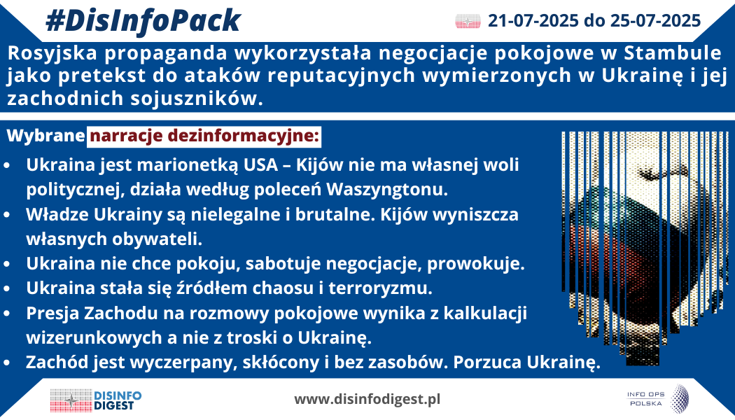 Zestawienie narracji pokazuje spójną operację informacyjno‑psychologiczną Kremla: Ukraina ma być postrzegana jako nielegalne, brutalne państwo‑marionetka USA, które sabotuje pokój i generuje chaos oraz terroryzm, podczas gdy Zachód – jako wyczerpany, skłócony, pozbawiony zasobów i gotowy porzucić Kijów. Celem tych przekazów jest jednoczesne złamanie podmiotowości Ukrainy, demoralizacja jej społeczeństwa, erozja woli politycznej i społecznego poparcia dla dalszej pomocy na Zachodzie oraz wypchnięcie Kijowa do „negocjacji” rozumianych jako kapitulacja na warunkach Moskwy.