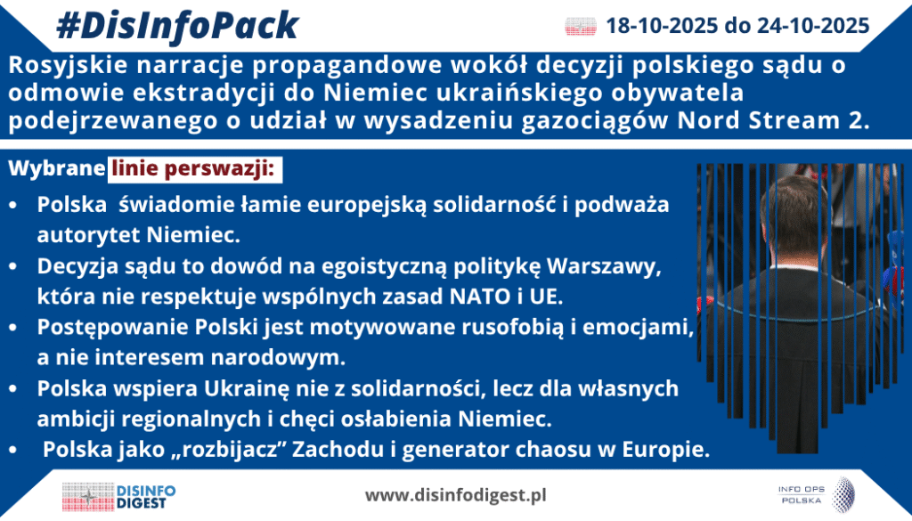 Rosyjskie narracje propagandowe wokół decyzji polskiego sądu w sprawie Nord Stream 2
Kreml wykorzystuje decyzję polskiego sądu do wzmacniania przekazu o rozbiciu Zachodu i egoistycznej polityce Warszawy.Decyzja polskiego sądu o odmowie ekstradycji do Niemiec ukraińskiego obywatela podejrzewanego o udział w wysadzeniu gazociągów Nord Stream 2 stała się kolejnym narzędziem rosyjskiej propagandy. W rosyjskich mediach państwowych i prorządowych – takich jak RIA Nowosti, Kommersant, Izwiestia czy Regnum – pojawił się spójny zestaw narracji mających na celu zdyskredytowanie Polski oraz przedstawienie jej jako czynnika destabilizującego Zachód.Polska jako „rozbijacz” ZachoduW rosyjskich publikacjach dominującym motywem stało się twierdzenie, że Polska świadomie łamie europejską solidarność i działa wbrew wspólnym zasadom Unii Europejskiej i NATO. Decyzja warszawskiego sądu została opisana jako dowód na „egoistyczną politykę” Warszawy, która rzekomo stawia własne interesy ponad współpracą sojuszniczą.Rosyjskie media podkreślały, że odmawiając ekstradycji do Niemiec, Polska podważa autorytet Berlina, który – w propagandowym ujęciu – traci wpływy i znaczenie w Europie. Pojawiały się komentarze sugerujące, że Polska dąży do osłabienia Niemiec i zajęcia ich miejsca jako głównego partnera USA w regionie.Takie przedstawienie sprawy służy wzmacnianiu narracji o rozbiciu Zachodu i „upadku europejskiej jedności”.Warszawa jako kraj „rusofobiczny i irracjonalny”Kolejnym powtarzającym się wątkiem jest opis Polski jako państwa kierującego się emocjami i rusofobią, a nie interesem narodowym. W komentarzach i materiałach rosyjskich mediów decyzja sądu została przedstawiona jako akt polityczny, niepodyktowany prawem, lecz „nienawiścią do Rosji”.Kremlowskie źródła powielają znany schemat – każdą decyzję Polski tłumaczą obsesyjną wrogością wobec Rosji, co ma świadczyć o „irracjonalności” i „emocjonalności” polskich elit. W ten sposób Rosja próbuje delegitymizować działania Warszawy w oczach odbiorców zagranicznych, zwłaszcza w krajach zachodnich.Polska wspiera Ukrainę dla własnych korzyściRosyjska propaganda łączy sprawę Nord Stream 2 z szerszym przekazem o relacjach polsko-ukraińskich. W mediach pojawiły się tezy, że Polska nie wspiera Ukrainy z solidarności, lecz z pobudek egoistycznych – aby wzmocnić swoją pozycję regionalną i osłabić Niemcy.W przekazie Kremla decyzja sądu o zwolnieniu Ukraińca z aresztu ma rzekomo potwierdzać, że Polska „broni swoich sojuszników politycznych bez względu na prawo” i działa wbrew interesom europejskim. W rezultacie Warszawa przedstawiana jest jako sojusznik Kijowa, ale przeciwnik Berlina i Brukseli – co idealnie wpisuje się w rosyjską strategię budowania obrazu podzielonego Zachodu.Polska jako generator chaosu w EuropieRosyjskie media konsekwentnie łączą decyzję sądu z szerszym kontekstem rzekomej „destabilizującej roli” Polski w Europie. W przekazie Kremla Warszawa staje się symbolem chaosu, prowokacji i braku przewidywalności, co ma zniechęcać innych członków UE do współpracy z Polską.Tego typu narracje nie tylko dyskredytują Polskę, lecz także pośrednio usprawiedliwiają rosyjskie działania – sugerując, że agresywna polityka Moskwy to reakcja na „prowokacje ze strony Polski i jej sojuszników”.Narracje wpisane w długofalową strategię KremlaWykorzystanie decyzji polskiego sądu to element szerszej operacji informacyjnej. Od lat rosyjska propaganda przedstawia Polskę jako:państwo rusofobiczne i irracjonalne,nielojalnego członka NATO i UE,czynnik chaosu w Europie Środkowo-Wschodniej,narzędzie amerykańskich interesów w regionie.Włączenie w ten schemat sprawy Nord Stream 2 pozwala Kremlowi wzmacniać przekaz o rozpadzie jedności Zachodu, przy jednoczesnym prezentowaniu Rosji jako „racjonalnego i stabilnego aktora”.WnioskiSprawa odmowy ekstradycji podejrzanego o sabotaż Nord Stream 2 została wykorzystana w rosyjskiej infosferze jako kolejny pretekst do ataku propagandowego na Polskę. W narracjach Kremla Polska staje się symbolem hipokryzji, rusofobii i destrukcji Zachodu.W rzeczywistości chodzi o coś więcej niż sam wyrok sądu – o kształtowanie percepcji Polski jako kraju nieodpowiedzialnego i konfliktowego, który nie tylko sprzeciwia się Rosji, ale również rozbija wspólnotę zachodnich sojuszy.To klasyczny przykład operacji narracyjnej Kremla, w której pojedyncze wydarzenie prawne zostaje przekształcone w instrument dezinformacji o charakterze strategicznym.