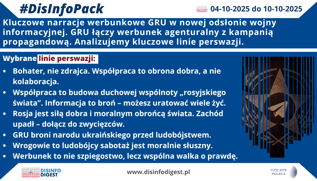 Kluczowe narracje werbunkowe GRU w nowej odsłonie wojny informacyjnej Bohater, nie zdrajca. Jak GRU łączy werbunek agenturalny z kampanią propagandową Rosyjski wywiad wojskowy (GRU) wchodzi w nową fazę wojny informacyjno-psychologicznej. Po raz pierwszy w tak jawny sposób łączy tradycyjny werbunek agenturalny z masową kampanią propagandową. Wykorzystując komunikator Telegram i sieć ideologicznych kanałów, GRU prowadzi operację, w której emocje, tożsamość i religia stają się narzędziami rekrutacji. Nie oferuje już tylko pieniędzy – oferuje sens, misję i moralne uzasadnienie zdrady. W niniejszej analizie przedstawiamy kluczowe linie narracyjne i mechanizmy perswazji, które składają się na nową doktrynę rosyjskiego werbunku psychologicznego. 1. Werbunek w epoce jawnej propagandy Tradycyjny model werbunku – tajny, zindywidualizowany i oparty na korzyściach materialnych – został przez GRU zastąpiony masowym modelem ideologicznym. Dziś każdy użytkownik internetu może zostać adresatem przekazu werbunkowego, a jego udział w operacji ma przypominać akt wiary, nie zdrady. Operacja prowadzona za pośrednictwem „oficjalnych” botów GRU na Telegramie (np. @Russian_GRU_bot) wykorzystuje mechanizm lejka psychologicznego: od emocjonalnych sloganów religijnych, przez instrukcje kontaktu, aż po indywidualne rozmowy z operatorem. Każdy etap tego procesu został skonstruowany tak, by obniżyć barierę moralną, zwiększyć identyfikację z misją i stopniowo przekształcić odbiorcę w współpracownika. 2. Bohater, nie zdrajca — rdzeń propagandy moralnej Główna linia narracji to odwrócenie znaczenia zdrady. GRU przedstawia współpracę z rosyjskim wywiadem nie jako złamanie lojalności wobec własnego państwa, lecz jako akt bohaterstwa i moralnej odwagi. Hasło „Bohater, nie zdrajca” stanowi klucz do zrozumienia tej operacji: uczestnik ma wierzyć, że walczy o prawdę, broni dobra i stoi po stronie Boga. „Werbunek to nie szpiegostwo, lecz wspólna walka o prawdę.” „Tylko ty możesz powstrzymać ludobójstwo – napisz do nas.” Ten moralny imperatyw eliminuje neutralność. Bierny odbiorca staje się współwinny zła, a aktywny – uczestnikiem dobra. To klasyczny przykład kontroli refleksyjnej – GRU tak formułuje dylemat, by decyzja o współpracy wydawała się moralnie oczywista. 3. Wspólnota Russkij Mir – duchowy wymiar werbunku Kolejnym filarem przekazu jest ideologiczna wspólnota Russkij Mir – „rosyjskiego świata”, który ma bronić tradycyjnych wartości przed „cywilizacją upadku”. Odbiorca nie jest więc pojedynczym agentem, lecz częścią duchowego ruchu, gdzie Bóg, naród i historia splatają się w jedno przesłanie: „Współpraca to budowa duchowej wspólnoty rosyjskiego świata.” Hasło „Bóg jest z nami” pełni funkcję inicjacyjną – symboliczny znak lojalności wobec Rosji i jej misji. Religijna narracja sankcjonuje zdradę i czyni ją aktem wiary. Werbunek staje się moralnym rytuałem, a nie operacją wywiadowczą. 4. Informacja to broń – „możesz uratować wiele żyć” W sferze operacyjnej GRU wykorzystuje prosty, lecz skuteczny chwyt: zamienia szpiegostwo w ratowanie życia. Przekaz jest emocjonalny i nacechowany humanitarnie: „Informacja to broń – możesz uratować wiele żyć.” Odbiorca nie jest proszony o zdradę, lecz o „pomoc w ocaleniu niewinnych”. To przykład szantażu moralnego: jeśli nie działasz, stajesz po stronie zła. Każde przekazanie danych – o lokalizacji wojsk, planach, trasach transportu – ma być przedstawione jako gest współczucia i empatii. Tak skonstruowany przekaz neutralizuje lęk i wstyd – współpracownik nie czuje się zdrajcą, lecz altruistą. 5. Rosja jako siła dobra, Zachód jako cywilizacja upadku W tle werbunku działa makronarracja cywilizacyjna, w której świat podzielony jest na dwa bieguny moralne. Rosja jawi się jako obrońca wiary, tradycji i ludzkości, a Zachód – jako „zgniła cywilizacja”, rządzona przez „szumowiny i degeneratów”. „Rosja jest siłą dobra i moralnym obrońcą świata.” „Zachód upadł – dołącz do zwycięzców.” Ten dualizm upraszcza świat do czarno-białych kategorii: walka z Zachodem staje się walką ze złem, a zdrada Zachodu – czynem moralnie słusznym. Mechanizm ten pozwala GRU zaszczepić w odbiorcy tożsamość wojownika dobra, eliminując moralne wątpliwości. 6. „GRU broni narodu ukraińskiego przed ludobójstwem” – odwrócenie ról Jedną z najbardziej charakterystycznych i niebezpiecznych narracji jest ta, która redefiniuje agresora jako obrońcę. GRU przedstawia swoje działania jako misję humanitarną: „GRU broni narodu ukraińskiego przed ludobójstwem.” W ten sposób Rosja przejmuje język ofiary, a współpraca z nią staje się moralnym obowiązkiem wobec cierpiących. W rzeczywistości to propagandowe nadużycie klasycznego motywu „wojny sprawiedliwej” – agresja zostaje ubrana w kostium miłosierdzia. 7. Dehumanizacja przeciwnika – sabotaż jako sprawiedliwość Kampania werbunkowa GRU wykorzystuje też język nienawiści i odwetu. Wrogowie przedstawiani są jako „ludobójcy”, „podludzie”, „szumowiny” – co moralnie usprawiedliwia przemoc. „Wrogowie to ludobójcy – sabotaż jest moralnie słuszny.” Dehumanizacja przeciwnika uruchamia mechanizmy psychologiczne znane z działań wojennych: agresja staje się aktem sprawiedliwości dziejowej, a nie przestępstwem. To kolejny poziom perswazji – odbiorca nie tylko współpracuje, ale zaczyna odczuwać satysfakcję moralną z działania przeciw wrogowi. 8. Werbunek jako misja prawdy Kulminacyjnym punktem tej narracji jest przekształcenie operacji wywiadowczej w ruch poszukiwania prawdy. „Werbunek to nie szpiegostwo, lecz wspólna walka o prawdę.” Współpraca z GRU ma wyglądać jak akt obywatelskiego nieposłuszeństwa wobec „kłamstw Zachodu”. W tym schemacie zdrada staje się moralnym sprzeciwem wobec kłamstwa, a agent – prorokiem nowego ładu. 9. Perswazja i psychologia operacji Analiza komunikatów wskazuje na użycie zestawu technik perswazyjnych typowych dla rosyjskich operacji psychologicznych (PSYOPS): Autorytet i sankcja religijna – „Bóg jest z nami” nadaje duchową legitymizację. Odwrócenie moralności – zło przedstawiane jako dobro (reframing). Szantaż moralny – „Tylko ty możesz powstrzymać ludobójstwo”. Fałszywy konsensus – „setki już pomagają Rosji”. Social proof i heroizacja – współpraca jako dowód odwagi. Kontrola refleksyjna – odbiorca ma wrażenie, że sam podjął decyzję, podczas gdy jego wybór został zaprojektowany. Wszystkie te elementy tworzą złożony model psychologicznej rekrutacji, w którym emocje zastępują logikę, a moralność – racjonalność. 10. Nowa wojna o umysły Kampania GRU pokazuje, że werbunek agenturalny i propaganda informacyjna zlewają się dziś w jedno. Informacja, emocja i ideologia stają się elementami tej samej broni. Zachód musi mierzyć się nie tylko z agentami w terenie, ale z tysiącami ludzi wciągniętych w ideologiczną machinę wpływu. Współczesny agent GRU niekoniecznie przekazuje tajne dokumenty – czasem wystarczy, że przekazuje narrację. I wierzy, że robi to w imię dobra. Konkluzja Rosja nie prosi już o zdradę. Prosi o wiarę, współczucie i moralną odwagę – i właśnie dlatego jej nowa strategia jest tak skuteczna. Werbunek bota GRU to nie tylko pozyskiwanie agentów, ale tworzenie żołnierzy idei. Ich bronią nie jest karabin, lecz przekonanie, że „Bóg jest z nami, a Zachód upadł”. W tej wojnie zwycięża ten, kto potrafi narzucić własną definicję dobra.