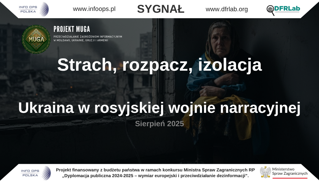 Rosyjskie operacje wpływu w infosferze Ukrainy (sierpień 2025) W sierpniu 2025 roku przestrzeń informacyjna Ukrainy pozostawała celem intensywnych działań propagandowych Federacji Rosyjskiej. Kreml kontynuował kampanię psychologiczną opartą na emocjach strachu, rozpaczy, osamotnienia i nieufności, której celem była erozja odporności społecznej, osłabienie zaufania do instytucji państwowych oraz utrwalenie przekonania o nieuchronności porażki Ukrainy. Rosyjskie przekazy koncentrowały się na podsycaniu napięć wewnętrznych, demonstrowaniu dominacji militarno-technologicznej Rosji oraz przedstawianiu Ukrainy jako państwa izolowanego i pozbawionego wsparcia międzynarodowego. Wiodącym wątkiem narracyjnym była normalizacja rosyjskiej agresji jako procesu nieodwracalnego, w którym Moskwa występuje jako „strona pokojowa”, a Kijów jako odpowiedzialny za eskalację. Cztery emocje rosyjskiej wojny informacyjnej Strach – wzmacniany obrazami brutalnych mobilizacji, przymusowych „łapanek” i masowych strat. Propaganda wykorzystywała przekazy o terrorze mobilizacyjnym i śmierci na froncie, tworząc wrażenie, że państwo poświęca obywateli bez sensu i celu. Rozpacz i beznadzieja – budowane narracjami o katastrofalnych stratach, zniszczonej gospodarce i rzekomej niemożności odbudowy kraju. Powtarzano, że Ukraina utraciła przyszłość i powinna dążyć do kapitulacji, by uniknąć dalszego cierpienia. Poczucie izolacji – eksponowano wypowiedzi polityków z Zachodu (Trump, Salvini), sugerując zmęczenie wojną i brak chęci dalszego wspierania Ukrainy. Równocześnie podkreślano konflikty z sąsiadami: deportacje uchodźców z Polski, sprzeciw Węgier wobec akcesji do UE czy restrykcje wobec Ukraińców na Łotwie. Nieufność wewnętrzna – Kreml rozbudowywał narrację o „nieprawomocnym Zełenskim”, korupcji elit i zależności od USA. Pojawiające się treści miały rozbić jedność narodową i wytworzyć przekonanie, że władze działają wyłącznie w interesie obcych mocarstw. Wiodące osie propagandy 1. Dyskredytacja władz i podważanie legitymacji państwa Rosyjskie kanały systematycznie przedstawiały prezydenta Zełenskiego jako nielegalnego przywódcę, którego władza opiera się na manipulacji i przemocy. Narracje o korupcji i chaosie w administracji utrwalały obraz Ukrainy jako „państwa upadłego” (країна-404). Boty z sieci UA_REVIVAL w serwisie TikTok (629 kont) rozpowszechniały treści o rzekomych aferach finansowych, nepotyzmie i zbliżającym się buncie społecznym. 2. Zmęczenie wojną i dehumanizacja żołnierzy W przekazach dominował motyw „mięsa armatniego” – żołnierze przedstawiani byli jako ofiary brutalnych mobilizacji, a liczby strat drastycznie zawyżane. Dezinformacja o ukrywaniu ciał i zaniżaniu statystyk ofiar miała pogłębić poczucie beznadziei i zdrady. Szerzono także fałszywe informacje o rzekomej rekrutacji najemników z Ameryki Południowej, co miało kompromitować władze i wzbudzać strach wśród sojuszników. 3. Rosyjska dominacja i przewaga technologiczna Rosja konsekwentnie przedstawiała siebie jako stronę kontrolującą sytuację na froncie. Propaganda eksponowała rzekome sukcesy pod Kupiańskiem, Pokrowskiem i w Donbasie, akcentując skuteczność dronów, bomb szybujących i nowoczesnych systemów walki elektronicznej. Ukraińskie innowacje militarne, takie jak rakieta „Flamingo”, były ośmieszane jako „propaganda sukcesu”. 4. Erozja współpracy międzynarodowej Kremlowskie przekazy podkreślały zmęczenie Zachodu wojną i przedstawiały wsparcie militarne jako czysto biznesowe przedsięwzięcie. Wątki o „wojnie do ostatniego Ukraińca” miały wywołać poczucie wykorzystania przez sojuszników. Dodatkowo eksponowano tezy o „Trójstronnym pokoju” – rzekomej inicjatywie USA, Rosji i Chin, mającej zakończyć wojnę bez udziału Kijowa, co wpisywało się w narrację o utracie przez Ukrainę podmiotowości. Techniki i narzędzia wpływu Rosja stosowała złożony zestaw narzędzi dezinformacyjnych: Botfarmy i manipulacja cyfrowa – sieć UA_REVIVAL na TikToku, wykorzystująca humor i memy do dyskredytacji władz. Fałszywe dokumenty i deepfake’i – materiały o rzekomym ukrywaniu poległych i defraudacjach w wojsku. Cyfrowa okupacja – wymuszanie korzystania z rosyjskich komunikatorów (MAX) w szkołach w Ługańsku i ograniczanie internetu na Krymie. Cyberataki – działania grupy UAC-0099 przeciw instytucjom rządowym z użyciem złośliwego oprogramowania MATCHBOIL i DRAGSTARE. Narracje religijno-kulturowe – przedstawianie Ukrainy jako kraju „upadłego moralnie”, prześladującego cerkiew i blokującego pielgrzymki. Wydarzenia i przykłady operacji propagandowych W sierpniu odnotowano szereg zorganizowanych działań propagandowych. FSB rozpowszechniła narrację o rzekomym udaremnieniu ataku terrorystycznego SBU na most krymski (130 kg materiałów wybuchowych), synchronizując przekaz z wizytą Zełenskiego u Donalda Trumpa. Pojawiły się także spekulacje o ambicjach generała Załużnego, rzekomo wspieranego przez Zachód w celu „obalenia Zełenskiego”. W sieci TikTok ujawniono funkcjonowanie farmy UA_REVIVAL, która z wykorzystaniem humorystycznych treści i hashtagów (#zelenskyclown) prowadziła kampanię dyskredytującą władze Ukrainy. Działania obronne i przeciwdziałanie propagandzie Władze Ukrainy kontynuowały działania przeciwko rosyjskim sieciom wpływu. Nałożono sankcje na 167 osób i organizacji powiązanych z propagandą Kremla, w tym Dialogue, Struktura i Social Design Agency (SDA). Centrum Oporu Narodowego raportowało o blokadach sieci komórkowych i represjach na Krymie, a także o narzucaniu rosyjskich platform komunikacyjnych w szkołach okupowanych terytoriów. Komentarz analityczny Rosyjskie działania informacyjne wobec Ukrainy w sierpniu 2025 roku charakteryzowały się wysokim poziomem koordynacji między komponentami cyfrowymi, psychologicznymi i operacyjnymi. Celem Kremla pozostaje przejęcie kontroli nad interpretacją wojny poprzez narzucenie emocjonalnej matrycy strachu i rozpaczy, rozbicie więzi społecznych oraz podważenie zaufania do władz i sojuszników. Narracyjnie Rosja konsekwentnie łączy trzy elementy: własną technologiczną dominację, moralną legitymizację i gotowość do pokoju – przeciwstawiając im obraz Ukrainy jako państwa skorumpowanego, bezsilnego i opuszczonego przez sojuszników. Projekt MUGA – Ukraina Publikacja powstała na podstawie bieżącego monitoringu środowiska informacyjnego Ukrainy, realizowanego w ramach projektu MUGA – moduł II („Śledztwa cyfrowe i analiza operacji wpływu na rzecz bezpieczeństwa środowiska informacyjnego społeczeństw Mołdawii, Ukrainy, Gruzji i Armenii”). Projekt jest realizowany przez Fundację INFO OPS Polska oraz DFRLab (Atlantic Council). Działania finansowane są z budżetu państwa w ramach konkursu Ministra Spraw Zagranicznych RP „Dyplomacja publiczna 2024–2025 – wymiar europejski i przeciwdziałanie dezinformacji”. Publikacja wyraża wyłącznie poglądy autorów i nie może być utożsamiana z oficjalnym stanowiskiem Ministerstwa Spraw Zagranicznych Rzeczypospolitej Polskiej.