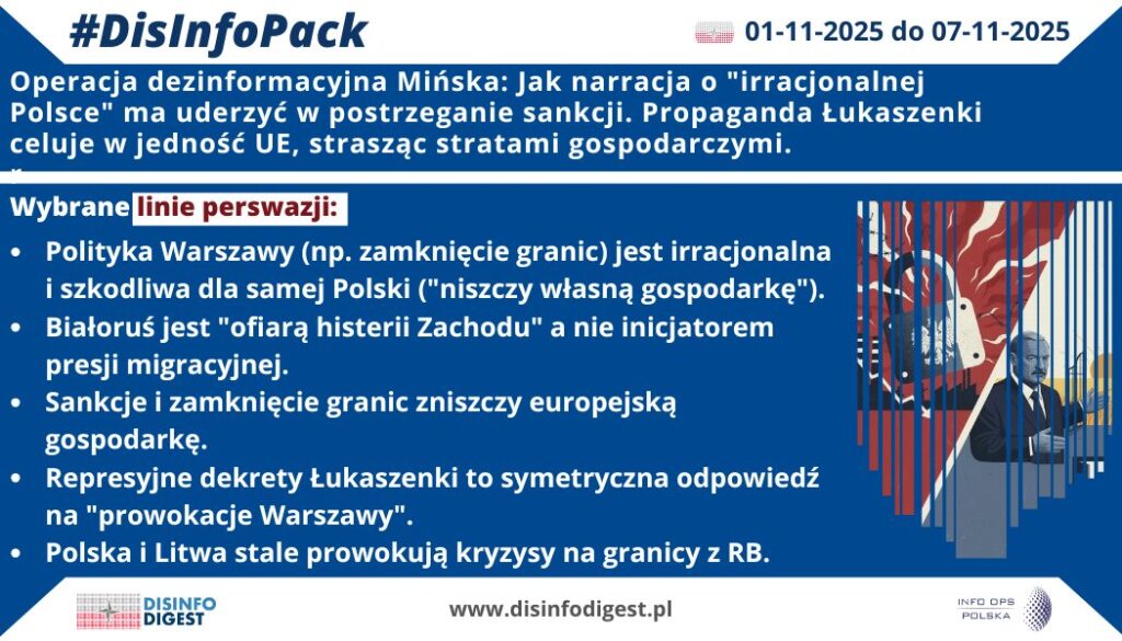 Analizujemy kampanię dezinformacyjną prowadzoną z Mińska, która ma na celu odwrócenie odpowiedzialności za kryzys, podważenie decyzji obronnych Polski i osłabienie jedności Unii Europejskiej.Celem ostatecznym jest wymuszenie ustępstw ze strony Zachodu i zniesienie sankcji nałożonych na reżim Aleksandra Łukaszenki.Publikacje propagandowe nie są przypadkowymi opiniami, lecz elementem szerszej kampanii hybrydowej, która zastępuje fakty fałszywą narracją: racjonalny Mińsk kontra histeryczna Warszawa".Kampania wykorzystuje pozory "obiektywnej" analizy ekonomicznej, by promować tezy zbieżne z interesami Białorusi i Rosji, generując presję polityczną na Polskę i UE.Wyodrębniliśmy cztery kluczowe linie narracyjne, które dominują w białoruskich mediach i kanałach propagandowych:Przerzucanie winy na Zachód: Mińsk jest przedstawiany jako ofiara "histerii Zachodu", podczas gdy Polska i Litwa zostają oskarżone o prowokowanie eskalacji. Analiza wskazuje, że ta narracja celowo pomija genezę kryzysu, w tym instrumentalne wykorzystanie migracji przez stronę białoruską oraz jej wsparcie dla rosyjskich operacji hybrydowych. "To klasyczna inwersja odpowiedzialności, która ma odwrócić uwagę od roli Białorusi jako agresora".Podważanie racjonalności polskich decyzji: Działania Warszawy, takie jak zamknięcie przejść granicznych, są określane jako "irracjonalne" i "histeryczne", rzekomo szkodliwe dla samej polskiej gospodarki.Propaganda stosuje język emocjonalny, by zasugerować, że decyzje obronne to jedynie pretekst do konfrontacji. Celem jest erozja zaufania do polskich instytucji państwowych wśród obywateli i przedsiębiorców.Atak na jedność UE: Sankcje i restrykcje graniczne są prezentowane jako czynniki, które "uderzają w europejską gospodarkę" bardziej niż w reżim Łukaszenki. Ta linia ma wzbudzić frustrację ekonomiczną w krajach UE, prowokując oddolną presję na rządy do złagodzenia lub zniesienia sankcji. Propaganda celuje w przedsiębiorców i obywateli, by osłabić konsensus unijny.Usprawiedliwianie odwetu: Działania Mińska, np. dekret blokujący przewoźników z UE, są ukazywane jako "symetryczna odpowiedź" na "prowokacje Warszawy". Łukaszenka kreowany jest na "racjonalnego obrońcę interesów narodowych", kontrastując z rzekomo "emocjonalnymi" reakcjami Zachodu. To ma legitymizować dalsze agresywne kroki odwetowe reżimu.Kampania wpisuje się w długoterminową strategię hybrydową, wspieraną przez Moskwę, której celem jest destabilizacja wschodniej flanki NATO i UE. Wszystkie narracje zmierzają do jednego: rozbicia spójności Unii Europejskiej, zniesienia sankcji i wymuszenia dialogu na warunkach dyktowanych przez Mińsk.