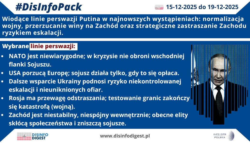 Wiodące linie perswazji Putina w najnowszych wystąpieniach układają się w spójny mechanizm nacisku: normalizacja wojny jako stanu trwałego, przerzucanie odpowiedzialności na Zachód oraz strategiczne zastraszanie ryzykiem eskalacji. Ten zestaw perswazji nie jest przypadkową retoryką. To świadomie skonstruowana sekwencja: najpierw podważyć wiarę w gwarancje bezpieczeństwa, następnie zasugerować warunkowość USA, potem podnieść koszt psychologiczny wsparcia dla Ukrainy poprzez strach przed eskalacją, a na końcu dołożyć tezę o nieuchronnym rozpadzie zachodniej spójności. W praktyce stawką jest nie tylko obraz wojny w Ukrainie, lecz zdolność Zachodu do utrzymania odporności strategicznej. DisInfoPack (więcej pod linkiem w komentarzu). Zapraszamy!