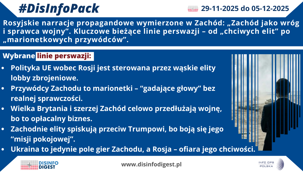 Najnowsze odsłony propagandy Kremla, w tym komunikaty Służby Wywiadu Zagranicznego Rosji tworzą spójny zestaw narracji wymierzonych w Zachód, w szczególności Unię Europejską, Wielką Brytanię i Stany Zjednoczone. To element konsekwentnie budowanego obrazu: Zachodu jako przestrzeni rządzonej przez chciwe elity, marionetkowych przywódców i lobby zbrojeniowe, które rzekomo celowo podtrzymują wojnę na Ukrainie. Poniższy wykaz porządkuje pięć najważniejszych narracji, które stanowią oś tego przekazu i mogą być dalej multiplikowane w innych materiałach propagandowych. Wybrane linie perswazji: „Polityka UE wobec Rosji jest sterowana przez wąskie elity i lobby zbrojeniowe” Unia Europejska przedstawiana jest jako twór pozbawiony realnej podmiotowości, którego decyzje – zwłaszcza w sprawie sankcji i wsparcia dla Ukrainy – mają być wyłącznie efektem nacisków anonimowych elit oraz wielkich koncernów zbrojeniowych. W tym ujęciu działania UE nie wynikają z troski o bezpieczeństwo, prawo międzynarodowe czy solidarność z napadniętym państwem, lecz z chęci „zarabiania na wojnie”. „Przywódcy Zachodu to marionetki – ‘gadające głowy’ bez realnej sprawczości” Politycy tacy jak szefowa unijnej dyplomacji, prezydent Francji czy brytyjscy premierzy są opisywani jako osoby wymienialne, pozbawione samodzielności, jedynie odczytujące decyzje podjęte przez innych. Ma to podważać ich autorytet oraz zaufanie do całego systemu demokratycznego, sugerując, że wyborcy nie mają wpływu na politykę swoich państw, ponieważ „prawdziwe” decyzje zapadają poza instytucjami. „Wielka Brytania i szerzej Zachód celowo przedłużają wojnę, bo to opłacalny biznes” Londyn przedstawiany jest jako główny beneficjent walk na Ukrainie, rzekomo dążący do ich kontynuacji mimo strat i „płaczliwego położenia” ukraińskiej armii. Dochody z kontraktów zbrojeniowych mają „ratować gospodarkę” brytyjską, a firmy przemysłu obronnego są opisywane jako nowa „lokomotywa” kraju – co ma przekonać odbiorcę, że Zachód podsyca konflikt wyłącznie z powodów ekonomicznych. „Zachodnie elity spiskują przeciw Trumpowi, bo boją się jego ‘misji pokojowej’” Donald Trump jest obsadzany w roli jedynego poważnego rozjemcy, którego próbuje się rzekomo zneutralizować poprzez kampanie oszczerstw i „fałszywe dossier” inspirowane przez brytyjskie środowiska wywiadowcze i przemysł zbrojeniowy. W ten sposób wszelka przyszła krytyka byłego prezydenta ma zostać uprzedzająco zdyskredytowana jako element spisku elit, dla których pokój jest zagrożeniem dla zysków. „Ukraina to jedynie pole gier Zachodu, a Rosja – ofiara jego chciwości i agresji” Ukraina jest w tym przekazie redukowana do roli terytorium, na którym Zachód realizuje swoje interesy gospodarcze i geopolityczne, bez realnej troski o los jej obywateli. Odpowiedzialność za wojnę zostaje przesunięta z Kremla na państwa zachodnie, które mają „pożywiać się Rosją” i wykorzystywać konflikt do osłabienia jej pozycji – co wpisuje się w długotrwałą narrację o Rosji jako „oblężonej twierdzy”, rzekomo zmuszonej bronić się przed wrogim, cynicznym Zachodem. Zebrane narracje tworzą jednolitą matrycę interpretacyjną, w której Zachód przestaje być wspólnotą państw reagujących na rosyjską agresję, a staje się konstruktorem i beneficjentem wojny. Polityka UE i NATO zostaje sprowadzona do spisku elit, przywódcy – do „mówiących głów”, a Ukraina – do pola gry, na którym rozgrywa się interesy przemysłu zbrojeniowego. Rosja natomiast zostaje przesunięta do roli ofiary cudzej chciwości