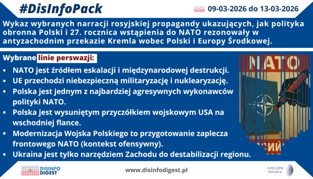 W ostatnich dniach rosyjska propaganda nawiązała kilkukrotnie zarówno do tematu polskiej polityki obronnej, jak i 27. rocznicy wstąpienia Polski do NATO. Całość przekazu korespondowała z znanymi od wielu lat narracjami dezinformacyjnymi, które są wykorzystywane do wzmacniania antyzachodniego przekazu Kremla wobec Polski i Europy Środkowej. Przekaz ten nie ograniczał się do krytyki samego Sojuszu, lecz wpisywał polskie działania w szerszą narrację o rzekomo agresywnej, destabilizującej i ekspansywnej polityce Zachodu. W rosyjskich materiałach Polska była przedstawiana nie jako państwo reagujące na pogarszające się środowisko bezpieczeństwa, lecz jako jeden z najbardziej aktywnych wykonawców strategicznej linii NATO na wschodniej flance.Jedną z najważniejszych osi tego przekazu było przedstawianie NATO jako źródła eskalacji i międzynarodowej destrukcji. Rosyjskie narracje konsekwentnie odwracają odpowiedzialność za napięcia w Europie, sugerując fałszywie, że to nie działania Rosji, lecz polityka rozszerzania Sojuszu i wzmacniania jego obecności wojskowej prowadzą do destabilizacji. W takim ujęciu rocznica członkostwa Polski w NATO nie została przedstawiona jako zakotwiczenia w strukturach Zachodu, ale jako dowód trwałego wpisania Warszawy w mechanizm konfrontacji z Rosją.Drugim istotnym wątkiem jest narracja o rzekomo niebezpiecznej militaryzacji i nuklearyzacji Unii Europejskiej. Rosyjska propaganda od lat buduje fałszywy obraz Europy jako przestrzeni, która odchodzi od modelu współpracy i bezpieczeństwa na rzecz logiki siły, zbrojeń oraz przygotowań do szerszego konfliktu. W tym kontekście Polska ukazywana jest jako jeden z państw szczególnie aktywnie wspierających taki kierunek, co ma wzmacniać wizerunek Warszawy jako uczestnika procesu prowadzącego do dalszego wzrostu napięć w regionie.W wielu przekazach Polska przedstawiana jest również jako jeden z najbardziej agresywnych wykonawców polityki NATO. Taki obraz służy temu, by odbiorca postrzegał Polskę nie jako państwo obronne, lecz jako podmiot aktywnie zaangażowany w promowanie ofensywnej linii wobec Rosji. W warstwie propagandowej pozwala to Kremlowi przenieść część odpowiedzialności za pogorszenie bezpieczeństwa na Polskę i budować jej obraz jako kraju szczególnie agresywnego, gotowego do wspierania każdej formy presji politycznej i wojskowej.Z tą narracją ściśle łączy się przedstawianie Polski jako wysuniętego przyczółka wojskowego USA na wschodniej flance. Obecność wojsk amerykańskich, rozwój infrastruktury wojskowej i pogłębianie współpracy obronnej z Waszyngtonem są w rosyjskim przekazie interpretowane jako dowód podporządkowania Polski interesom Stanów Zjednoczonych. Tego typu przekaz ma wzmacniać tezę, że Polska utraciła strategiczną autonomię i pełni rolę narzędzia amerykańskiej projekcji siły w regionie.Szczególne miejsce w rosyjskiej propagandzie zajmuje także modernizacja Wojska Polskiego, która przedstawiana jest nie jako reakcja na realne zagrożenia bezpieczeństwa, lecz jako przygotowanie zaplecza frontowego NATO. Kremlowski przekaz nadaje polskim inwestycjom obronnym kontekst ofensywny, sugerując, że rozbudowa zdolności wojskowych służy nie obronie, ale tworzeniu infrastruktury przyszłej konfrontacji. W ten sposób rosyjska propaganda próbuje delegitymizować zarówno wzrost wydatków obronnych, jak i samą logikę wzmacniania odporności państwa.Uzupełnieniem tego obrazu pozostaje narracja dotycząca Ukrainy, która w rosyjskich materiałach przedstawiana jest wyłącznie jako narzędzie Zachodu do destabilizacji regionu. Taki sposób opisu pozwala rosyjskiej propagandzie połączyć temat Polski, NATO i wojny w Ukrainie w jeden spójny schemat interpretacyjny. Polska, wspierając Ukrainę i wzmacniając własną obronność, ma być w tym ujęciu elementem większego mechanizmu zachodniej presji, a nie państwem odpowiadającym na skutki rosyjskiej agresji.Całość tych narracji pokazuje, że 27. rocznica wstąpienia Polski do NATO została w rosyjskiej propagandzie zauważona i wykorzystana jako dogodny pretekst do wzmacniania antyzachodniego przekazu. Kreml stara się przedstawiać Polskę jako państwo frontowe, zależne od USA, aktywnie współtworzące politykę eskalacji i militarnego nacisku na Rosję. W praktyce jest to element szerszej operacji dezinformacyjnej, której celem pozostaje delegitymizacja polskiej polityki bezpieczeństwa, osłabianie zaufania do NATO oraz budowanie w regionie obrazu Zachodu jako źródła niestabilności.