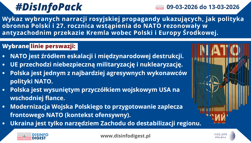 W ostatnich dniach rosyjska propaganda nawiązała kilkukrotnie zarówno do tematu polskiej polityki obronnej, jak i 27. rocznicy wstąpienia Polski do NATO. Całość przekazu korespondowała z znanymi od wielu lat narracjami dezinformacyjnymi, które są wykorzystywane do wzmacniania antyzachodniego przekazu Kremla wobec Polski i Europy Środkowej. Przekaz ten nie ograniczał się do krytyki samego Sojuszu, lecz wpisywał polskie działania w szerszą narrację o rzekomo agresywnej, destabilizującej i ekspansywnej polityce Zachodu. W rosyjskich materiałach Polska była przedstawiana nie jako państwo reagujące na pogarszające się środowisko bezpieczeństwa, lecz jako jeden z najbardziej aktywnych wykonawców strategicznej linii NATO na wschodniej flance. Jedną z najważniejszych osi tego przekazu było przedstawianie NATO jako źródła eskalacji i międzynarodowej destrukcji. Rosyjskie narracje konsekwentnie odwracają odpowiedzialność za napięcia w Europie, sugerując fałszywie, że to nie działania Rosji, lecz polityka rozszerzania Sojuszu i wzmacniania jego obecności wojskowej prowadzą do destabilizacji. W takim ujęciu rocznica członkostwa Polski w NATO nie została przedstawiona jako zakotwiczenia w strukturach Zachodu, ale jako dowód trwałego wpisania Warszawy w mechanizm konfrontacji z Rosją. Drugim istotnym wątkiem jest narracja o rzekomo niebezpiecznej militaryzacji i nuklearyzacji Unii Europejskiej. Rosyjska propaganda od lat buduje fałszywy obraz Europy jako przestrzeni, która odchodzi od modelu współpracy i bezpieczeństwa na rzecz logiki siły, zbrojeń oraz przygotowań do szerszego konfliktu. W tym kontekście Polska ukazywana jest jako jeden z państw szczególnie aktywnie wspierających taki kierunek, co ma wzmacniać wizerunek Warszawy jako uczestnika procesu prowadzącego do dalszego wzrostu napięć w regionie. W wielu przekazach Polska przedstawiana jest również jako jeden z najbardziej agresywnych wykonawców polityki NATO. Taki obraz służy temu, by odbiorca postrzegał Polskę nie jako państwo obronne, lecz jako podmiot aktywnie zaangażowany w promowanie ofensywnej linii wobec Rosji. W warstwie propagandowej pozwala to Kremlowi przenieść część odpowiedzialności za pogorszenie bezpieczeństwa na Polskę i budować jej obraz jako kraju szczególnie agresywnego, gotowego do wspierania każdej formy presji politycznej i wojskowej. Z tą narracją ściśle łączy się przedstawianie Polski jako wysuniętego przyczółka wojskowego USA na wschodniej flance. Obecność wojsk amerykańskich, rozwój infrastruktury wojskowej i pogłębianie współpracy obronnej z Waszyngtonem są w rosyjskim przekazie interpretowane jako dowód podporządkowania Polski interesom Stanów Zjednoczonych. Tego typu przekaz ma wzmacniać tezę, że Polska utraciła strategiczną autonomię i pełni rolę narzędzia amerykańskiej projekcji siły w regionie. Szczególne miejsce w rosyjskiej propagandzie zajmuje także modernizacja Wojska Polskiego, która przedstawiana jest nie jako reakcja na realne zagrożenia bezpieczeństwa, lecz jako przygotowanie zaplecza frontowego NATO. Kremlowski przekaz nadaje polskim inwestycjom obronnym kontekst ofensywny, sugerując, że rozbudowa zdolności wojskowych służy nie obronie, ale tworzeniu infrastruktury przyszłej konfrontacji. W ten sposób rosyjska propaganda próbuje delegitymizować zarówno wzrost wydatków obronnych, jak i samą logikę wzmacniania odporności państwa. Uzupełnieniem tego obrazu pozostaje narracja dotycząca Ukrainy, która w rosyjskich materiałach przedstawiana jest wyłącznie jako narzędzie Zachodu do destabilizacji regionu. Taki sposób opisu pozwala rosyjskiej propagandzie połączyć temat Polski, NATO i wojny w Ukrainie w jeden spójny schemat interpretacyjny. Polska, wspierając Ukrainę i wzmacniając własną obronność, ma być w tym ujęciu elementem większego mechanizmu zachodniej presji, a nie państwem odpowiadającym na skutki rosyjskiej agresji. Całość tych narracji pokazuje, że 27. rocznica wstąpienia Polski do NATO została w rosyjskiej propagandzie zauważona i wykorzystana jako dogodny pretekst do wzmacniania antyzachodniego przekazu. Kreml stara się przedstawiać Polskę jako państwo frontowe, zależne od USA, aktywnie współtworzące politykę eskalacji i militarnego nacisku na Rosję. W praktyce jest to element szerszej operacji dezinformacyjnej, której celem pozostaje delegitymizacja polskiej polityki bezpieczeństwa, osłabianie zaufania do NATO oraz budowanie w regionie obrazu Zachodu jako źródła niestabilności.