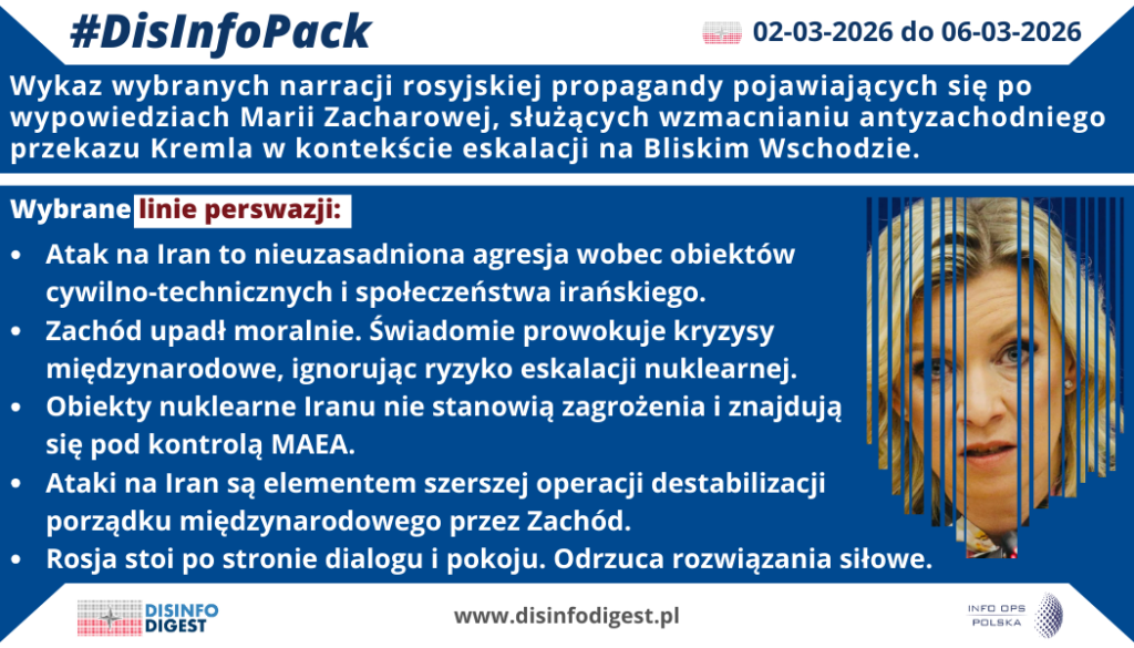 Bieżące wypowiedzi przedstawicieli rosyjskiego Ministerstwa Spraw Zagranicznych, szczególnie komunikat Marii Zacharowej dotyczący sytuacji wokół Iranu, stanowią element konsekwentnie prowadzonej operacji informacyjnej, której celem jest wzmacnianie antyzachodniej linii propagandowej Kremla. Konflikt wokół Iranu zostaje w tym przekazie przedstawiony jako kolejny "dowód" na rzekomo agresywną, destrukcyjną i moralnie skompromitowaną politykę Zachodu.Jedną z głównych osi tego przekazu jest przedstawianie ataków na Iran jako nieuzasadnionej agresji wymierzonej nie tylko w infrastrukturę, lecz także w samo społeczeństwo irańskie. W rosyjskiej narracji obiekty będące celem działań militarnych opisywane są jako obiekty cywilno-techniczne, pozbawione realnego znaczenia militarnego, co ma wzmacniać obraz Iranu jako ofiary i przesuwać odpowiedzialność za eskalację wyłącznie na stronę USA, Izraela i Zachodu. W ten sposób propaganda buduje prosty, fałszywy, emocjonalny podział: Zachód jako sprawca destabilizacji, Iran jako państwo niesłusznie atakowane.