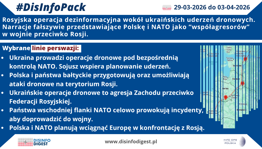 Rosyjska propaganda po raz kolejny próbuje odwrócić znaczenie wydarzeń na polu walki i przedstawić działania obronne Ukrainy jako rzekomą agresję państw NATO przeciwko Federacji Rosyjskiej. W ostatnich dniach szczególnie widoczna stała się skoordynowana operacja dezinformacyjna związana z ukraińskimi operacjami dronowymi. Jej celem nie jest wyłącznie wprowadzenie odbiorców w błąd co do pojedynczych incydentów, lecz przede wszystkim trwała zmiana sposobu postrzegania wojny: z rosyjskiej agresji przeciwko Ukrainie na rzekomy konflikt Rosji z całym Zachodem. Punktem wyjścia dla tej operacji informacyjnej są ukraińskie uderzenia prowadzone z wykorzystaniem bezzałogowych systemów uderzeniowych przeciwko infrastrukturze wykorzystywanej przez państwo-agresora. Z perspektywy prawa międzynarodowego oraz logiki działań wojennych są to elementy aktywnej obrony państwa napadniętego. Rosyjski aparat propagandowy stara się jednak całkowicie zmienić tę interpretację. Skuteczne działania Ukrainy nie są przedstawiane jako rezultat własnych zdolności obronnych, lecz jako „dowód” bezpośredniego sterowania przez NATO. To właśnie tutaj widoczny jest jeden z podstawowych mechanizmów rosyjskiej dezinformacji. W przekazie propagandowym wsparcie polityczne, wojskowe i logistyczne udzielane Ukrainie przez państwa zachodnie zostaje komunikacyjnie scalone z konkretnymi ukraińskimi operacjami bojowymi. W efekcie odbiorca otrzymuje prosty, ale fałszywy komunikat: skoro Ukraina korzysta ze wsparcia Zachodu, to każde jej skuteczne działanie musi być w istocie operacją NATO. Drugim ważnym elementem tej manipulacji jest odbieranie Ukrainie sprawczości. Rosyjska propaganda usiłuje przekonać odbiorców, że ukraińskie siły zbrojne nie są zdolne do samodzielnego planowania i przeprowadzania złożonych operacji dronowych. Taki zabieg ma podwójny cel. Z jednej strony osłabia obraz Ukrainy jako podmiotu zdolnego do skutecznej obrony. Z drugiej strony wzmacnia narrację, według której rzeczywistym uczestnikiem wojny nie jest Ukraina, lecz Sojusz Północnoatlantycki. Szczególne miejsce w tej kampanii zajmuje Polska oraz państwa wschodniej flanki NATO. W rosyjskich przekazach są one regularnie przedstawiane jako nie tylko polityczni sojusznicy Ukrainy, ale wręcz współorganizatorzy działań ofensywnych przeciwko Rosji. Pojawiają się sugestie, że Polska, kraje bałtyckie czy Finlandia świadomie umożliwiają przelot ukraińskich dronów, uczestniczą w przygotowaniu tras, a nawet odgrywają rolę zaplecza operacyjnego dla ataków na rosyjskie terytorium. Jest to typowy przykład eskalacyjnej konstrukcji narracyjnej: wcześniejsze sugestie i półoskarżenia są stopniowo rozwijane do coraz bardziej bezpośrednich, szczegółowych i kategorycznych tez. Rosyjska propaganda bardzo chętnie nadaje swoim przekazom pozory wiarygodności poprzez operacyjną szczegółowość. W tym przypadku pojawiają się odniesienia do rzekomej koordynacji działań przez struktury NATO, do konkretnych lokalizacji, procedur planistycznych czy dowództw. Tego rodzaju zabieg nie służy przedstawieniu faktów, lecz budowie wrażenia, że odbiorca ma do czynienia z informacją precyzyjną i ekspercką. To jedna z najczęściej stosowanych technik dezinformacyjnych: im bardziej szczegółowo brzmi fałszywy przekaz, tym łatwiej może zostać uznany za prawdopodobny. Istotną rolę odgrywa także intensywność przekazu. W krótkim czasie pojawia się wiele podobnych komunikatów, powielających te same tezy, obrazy i schematy argumentacyjne. Nie chodzi tylko o pojedyncze kłamstwo, lecz o nasycenie przestrzeni informacyjnej określoną interpretacją wydarzeń. W takich warunkach część odbiorców przestaje analizować treść, a zaczyna reagować na samą powtarzalność przekazu. Wielokrotnie powtórzona sugestia, nawet niepoparta dowodami, może zostać odebrana jako coś „znanego”, a więc pozornie wiarygodnego. W analizowanych materiałach wyraźnie obecny jest też komponent psychologiczny. Rosyjskie kanały propagandowe starają się budować poczucie, że sytuacja wymyka się spod kontroli i zmierza ku nieuchronnej eskalacji. Pojawiają się odniesienia do „casus belli”, globalnego konfliktu oraz ryzyka bezpośredniego starcia Rosji z NATO. Tego typu komunikaty mają wywoływać lęk, chaos poznawczy i emocjonalną presję. W praktyce służą temu, by agresywne i nielegalne działania Rosji mogły zostać przedstawione jako reakcja obronna, rzekomo wymuszona przez zachodnią agresję. Bardzo charakterystycznym elementem tej operacji jest także kreowanie obrazu Polski i innych państw regionu jako „rusofobicznych prowokatorów”. W tej logice nie są one przedstawiane jako kraje reagujące na realne zagrożenie bezpieczeństwa, lecz jako podmioty irracjonalnie dążące do wojny z Rosją. Taki przekaz ma delegitymizować politykę bezpieczeństwa państw wschodniej flanki, osłabiać zaufanie do ich działań oraz przedstawiać Rosję jako stronę rzekomo zmuszoną do obrony przed wrogim otoczeniem. To właśnie w ten sposób budowany jest syndrom oblężonej twierdzy, dobrze znany z rosyjskiej propagandy wewnętrznej. Zasadniczym celem całej operacji nie jest więc wyłącznie obrona rosyjskiej narracji medialnej, lecz głębsze przekształcenie percepcji wojny. Rosja stara się odsunąć od siebie odpowiedzialność za agresję i przedstawić konflikt jako efekt działań Zachodu. W takim ujęciu Ukraina przestaje być ofiarą napaści i staje się jedynie wykonawcą woli NATO, Polska zaś ma pełnić rolę agresywnego państwa frontowego, które współtworzy zagrożenie dla pokoju w Europie. Dlatego tak ważne jest konsekwentne oddzielanie faktów od propagandowych interpretacji. Ukraina, jako państwo napadnięte, ma niepodważalne prawo do aktywnej obrony, w tym do uderzeń na cele związane z potencjałem wojennym agresora. Próby przedstawiania tych działań jako „agresji NATO” nie są analizą rzeczywistości, lecz elementem celowej operacji dezinformacyjnej. Jej zadaniem jest osłabienie wsparcia dla Ukrainy, podważenie wiarygodności państw NATO oraz wytworzenie fałszywego obrazu konfliktu, w którym Rosja ma występować nie jako agresor, lecz jako rzekoma ofiara cudzej eskalacji. W praktyce oznacza to, że rosyjska propaganda nie tyle opisuje wydarzenia, ile aktywnie je przekształca w narzędzie wpływu. Operacje dronowe stają się w tym ujęciu pretekstem do kontynuacji opowieści: o wojnie Zachodu z Rosją, o Polsce jako współagresorze i o konieczności rosyjskiej „obrony”. To klasyczny przykład dezinformacji strategicznej, której celem jest nie tylko wprowadzenie w błąd, ale także trwałe oddziaływanie na percepcję społeczną i polityczną.