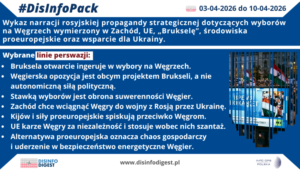 W rosyjskim środowisku informacyjnym wybory na Węgrzech nie są przedstawiane jako proces demokratyczny, lecz jako starcie o znaczeniu geopolitycznym, cywilizacyjnym i strategicznym. W ostatnich tygodniach aparat propagandowy Kremla konsekwentnie budował przekaz, w którym Budapeszt staje się symbolem oporu wobec „Brukseli”, a sama kampania wyborcza zostaje wpisana w szerszą narrację o konflikcie między suwerennością narodową a presją Zachodu.Jednym z centralnych motywów tej operacji informacyjnej jest twierdzenie, że Bruksela otwarcie ingeruje w wybory na Węgrzech. W tej narracji instytucje unijne nie występują jako partner polityczny ani uczestnik sporu o wartości europejskie, lecz jako zewnętrzny ośrodek nacisku, próbujący wpłynąć na wynik wyborczy i osłabić obóz Viktora Orbána. Taki przekaz ma delegitymizować wszelką krytykę płynącą z UE i przedstawiać ją jako formę politycznej interwencji.Z tym bezpośrednio wiąże się kolejna teza, zgodnie z którą węgierska opozycja jest obcym projektem Brukseli, a nie autonomiczną siłą polityczną. To klasyczny mechanizm propagandowy służący odebraniu przeciwnikowi politycznemu podmiotowości. Opozycja nie ma w tym ujęciu reprezentować realnych nastrojów części społeczeństwa, lecz interesy zewnętrznych patronów. W ten sposób demokratyczna rywalizacja zostaje sprowadzona do uproszczonego schematu: naród kontra zagraniczne wpływy.Rosyjska propaganda konsekwentnie nadaje też wyborom wymiar egzystencjalny. Stawką głosowania ma być obrona suwerenności Węgier, a nie zwykła zmiana rządu czy korekta kierunku polityki. Tego rodzaju ujęcie wzmacnia polaryzację i utrudnia racjonalną debatę, ponieważ każda alternatywa wobec obecnej władzy zostaje przedstawiona nie jako wybór demokratyczny, lecz jako zagrożenie dla niezależności państwa.Szczególnie istotny pozostaje wątek wojenny. Według narracji rozpowszechnianej przez rosyjski aparat wpływu Zachód chce wciągnąć Węgry do wojny z Rosją przez Ukrainę, a siły proeuropejskie w Budapeszcie mają być instrumentem realizacji tego planu. Taki przekaz wykorzystuje społeczne obawy przed eskalacją konfliktu i sprowadza debatę o polityce zagranicznej do fałszywej alternatywy między wojną a pokojem. W tym modelu Węgry przedstawiane są jako państwo rozsądku, a Zachód jako siła eskalacyjna.Uzupełnieniem tej konstrukcji jest sugestia, że Kijów i środowiska proeuropejskie spiskują przeciwko Węgrom. Narracja ta łączy w jeden pakiet wątki antyukraińskie i antyunijne, tworząc obraz państwa osaczonego przez zewnętrzne centra wpływu. Zabieg ten ma znaczenie strategiczne, ponieważ pozwala połączyć temat wyborów na Węgrzech z wojną w Ukrainie oraz z szerszą rosyjską opowieścią o rzekomej agresywnej polityce Zachodu.Równolegle rosyjskie media rozwijają tezę, że UE karze Węgry za niezależność i stosuje wobec nich szantaż polityczny. W takim ujęciu spory dotyczące praworządności, polityki wobec Rosji czy relacji z instytucjami europejskimi nie są przedstawiane jako element normalnego konfliktu politycznego wewnątrz Unii, lecz jako dowód represyjnej natury samej UE. Celem tej narracji jest nie tylko obrona Budapesztu, ale również systemowe podważanie wiarygodności Unii Europejskiej jako wspólnoty politycznej.Istotnym elementem tej operacji informacyjnej jest także komponent gospodarczy. Alternatywa proeuropejska ma oznaczać chaos gospodarczy i uderzenie w bezpieczeństwo energetyczne Węgier. Jest to narracja obliczona na najbardziej praktyczne obawy społeczne: ceny energii, stabilność ekonomiczną, koszty życia i bezpieczeństwo socjalne. W ten sposób propaganda próbuje przekonać odbiorców, że kurs bardziej zbliżony do Zachodu nie oznacza modernizacji czy większej stabilności, lecz kryzys i destabilizację.W efekcie rosyjski przekaz wokół wyborów na Węgrzech tworzy spójny, wielowarstwowy obraz: Bruksela ingeruje, opozycja jest sterowana z zewnątrz, Ukraina i środowiska proeuropejskie działają przeciw Budapesztowi, a jedynie obecny kurs polityczny ma gwarantować suwerenność, pokój i stabilność gospodarczą. Nie jest to więc zwykły komentarz polityczny, lecz klasyczna operacja narracyjna wymierzona w Zachód, Unię Europejską, środowiska proeuropejskie oraz mechanizmy wsparcia dla Ukrainy.