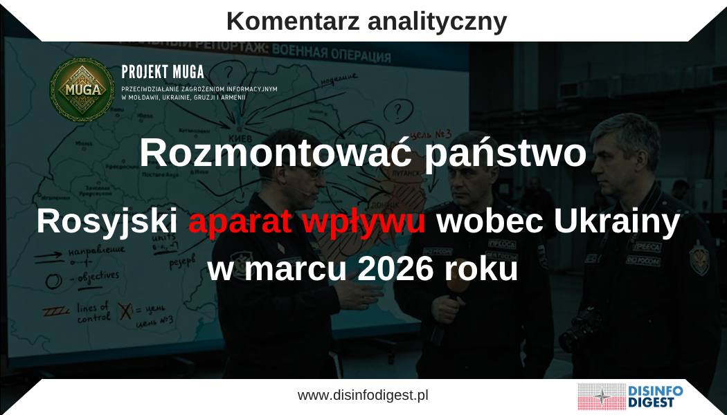 Jak propaganda delegitymizuje państwo, osłabia morale społeczne i podważa sens oporu Niniejsze opracowanie powstało w oparciu o monitoring kanałów oddziaływania rosyjskiego aparatu wpływu funkcjonujących w ukraińskiej przestrzeni informacyjnej i kierowanych do społeczeństwa ukraińskiego w marcu 2026 roku. Analizie poddano przekazy, których celem nie jest jedynie komentowanie bieżących wydarzeń wojennych i politycznych, lecz przede wszystkim kształtowanie percepcji konfliktu, osłabianie zaufania do instytucji państwa ukraińskiego oraz wpływanie na emocje, ocenę sytuacji i gotowość społeczną do dalszej odporności. Badany materiał pokazuje, że rosyjska propaganda nie opiera się wyłącznie na prostych fałszerstwach lub pojedynczych manipulacjach. Jej strategia polega na budowaniu spójnego środowiska interpretacyjnego, w którym równolegle legitymizuje się działania Rosji, delegitymizuje Ukrainę, podważa wiarygodność Zachodu oraz wzmacnia przekonanie, że wojna prowadzi jedynie do chaosu, strat i nieuchronnego wyczerpania. W tym sensie mamy do czynienia z długofalową operacją psychologiczno-informacyjną ukierunkowaną na erozję morale, zaufania społecznego i zdolności do jednoznacznej oceny rzeczywistości.