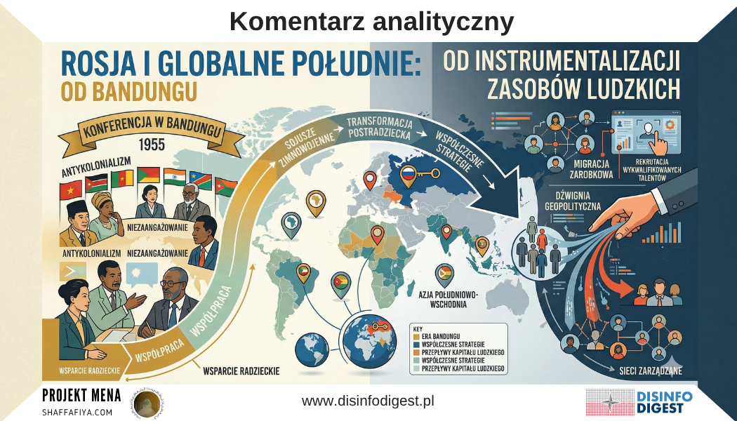 Rosja od lat przedstawia się jako naturalny partner państw Globalnego Południa oraz rzecznik „wielobiegunowego ładu”, który ma stanowić alternatywę wobec dominacji Zachodu. W tej narracji Kreml pozycjonuje się także jako przeciwnik neokolonializmu. Analiza konkretnych przypadków, obejmujących Irak, Kubę oraz wybrane państwa afrykańskie, prowadzi jednak do odmiennych wniosków. W praktyce zamiast relacji partnerskich widoczny jest powtarzalny schemat instrumentalnego wykorzystywania zasobów tych państw. Mechanizm ten nie jest nowy. W wielu aspektach przypomina działania Związku Radzieckiego wobec krajów określanych wówczas jako Trzeci Świat. Zmieniła się retoryka oraz część narzędzi operacyjnych, natomiast podstawowa logika pozostaje podobna. Rosja deklaruje wsparcie dla suwerenności i niezależności państw Globalnego Południa, jednocześnie wykorzystując ich ograniczenia strukturalne dla realizacji własnych celów politycznych i militarnych. Irak jako model operacyjny Przypadek Iraku dostarcza jednego z najbardziej przejrzystych przykładów działania mechanizmu rekrutacyjnego. W lutym 2026 roku irackie służby bezpieczeństwa zatrzymały 17 osób podejrzanych o udział w siatce werbunkowej. Jak podaje portal The New Arab, młodzi Irakijczycy byli przyciągani ofertami pracy oraz studiów, które po przyjeździe do Rosji „przekształcały się w kontrakt na służbę wojskową”. Kluczowym elementem całego procesu był brak tłumaczenia dokumentów oraz presja wywierana na podpisywanie umów sporządzonych w języku obcym. Dostępne relacje wskazują, że nie był to incydent jednostkowy. Jak czytamy w dzienniku The National, „młodzież była wciągana poprzez pozornie legalne kanały, takie jak agencje pracy czy biura podróży, a następnie wiązana kontraktami w obcym języku”. Źródła te sugerują również, że skala zjawiska jest istotna. Według przywoływanych informacji „około 3 000 Irakijczyków trafiło do rosyjskiej armii”. Reakcja władz w Bagdadzie wskazuje, że proceder został potraktowany jako realne zagrożenie dla bezpieczeństwa państwa. Podjęto decyzję o zamknięciu części programów stypendialnych oraz rozpoczęto działania dyplomatyczne. W analizie tego przypadku konieczne jest zachowanie precyzji. Mamy do czynienia z konkretnym mechanizmem funkcjonującym w Iraku, a nie z jednorodnym zjawiskiem obejmującym cały region, co bywa upraszczane w niektórych przekazach. Skalowanie mechanizmu: Kuba i Afryka Podobne schematy działania widoczne są także poza Irakiem, co wskazuje na ich powtarzalny, a nie incydentalny charakter. Na Kubie rekrutacja opiera się przede wszystkim na wykorzystaniu dysproporcji ekonomicznych. Jak wskazuje analiza Friedrich Naumann Foundation, oferowano wynagrodzenia „rzędu 2 000 USD miesięcznie przy średniej kubańskiej około 17 USD”, a także obietnice nieruchomości i uzyskania obywatelstwa. W tym samym opracowaniu szacuje się, że liczba osób zaangażowanych po stronie rosyjskiej może sięgać nawet kilkunastu tysięcy. Zjawisko to ma jednocześnie wyraźny wymiar komunikacyjny. Portal The New Voice of Ukraine podaje, powołując się na ustalenia ukraińskiego wywiadu, że działania te służą budowaniu przekazu, zgodnie z którym „Rosja nie jest agresorem, bo wspiera ją także ‘cywilizowany świat’”. W tym ujęciu osoby rekrutowane pełnią podwójną funkcję, ponieważ są wykorzystywane zarówno operacyjnie, jak i propagandowo. W państwach afrykańskich proces ten ma bardziej rozproszony charakter, jednak jego logika pozostaje zbliżona. Jak relacjonuje Al Jazeera, według strony ukraińskiej „ponad 1 780 obywateli afrykańskich walczy obecnie w rosyjskiej armii”, a sam mechanizm obejmuje dziesiątki państw. Jednocześnie źródła cytowane przez tę redakcję wskazują, że wielu rekrutów było „wciąganych na czarnym rynku pracy […] bez przeszkolenia”, często pod pretekstem ofert zatrudnienia. Relacje uczestników tych procesów potwierdzają, że sytuacja po przyjeździe do Rosji miała w wielu przypadkach charakter przymusowy. W materiale agencji Reuters czytamy, że część z nich została skierowana „bezpośrednio do kopania okopów i działań na froncie”, często bez odpowiedniego przygotowania oraz zaplecza logistycznego. Mechanizm działania: struktura i funkcje Analiza porównawcza pozwala uchwycić spójny schemat operacyjny, który powtarza się w różnych kontekstach geograficznych. Pierwszym etapem jest impuls ekonomiczny. Jak podaje dziennik The National, potencjalnym rekrutom oferuje się „jednorazowe premie sięgające 20 000 USD oraz miesięczne wynagrodzenie około 3 000 USD”. W realiach wielu państw Globalnego Południa oznacza to dochód wielokrotnie przewyższający lokalne standardy, co znacząco zwiększa podatność na ofertę. Drugim etapem jest moment przejęcia kontroli. Po przyjeździe do Rosji rekruci trafiają w sytuację asymetrii informacyjnej i prawnej. Podpisują dokumenty, których często nie rozumieją, a ich możliwość wycofania się zostaje ograniczona. Agencja Reuters relacjonuje, że część z nich trafia „bezpośrednio na front, nierzadko do najbardziej niebezpiecznych zadań”, co wskazuje na instrumentalne traktowanie tych osób jako zasobu wysokiego ryzyka. Trzecim elementem jest warstwa informacyjna. Obecność cudzoziemców jest eksponowana w przekazie medialnym jako dowód międzynarodowego poparcia. Jak wskazuje portal The New Voice of Ukraine, ich udział służy budowaniu narracji o globalnej legitymizacji działań Rosji, co ma znaczenie zarówno wobec odbiorców wewnętrznych, jak i zagranicznych. Uzupełnieniem tego modelu są lokalne sieci współpracy. Z ustaleń agencji Reuters wynika, że w niektórych przypadkach proces rekrutacji wspierany jest przez lokalnych aktorów politycznych oraz biznesowych. Zwiększa to wiarygodność ofert i ułatwia dotarcie do potencjalnych kandydatów, jednocześnie utrudniając przeciwdziałanie temu zjawisku na poziomie państwowym. Bandung i reinterpretacja „trzeciej drogi” Konferencja w Bandungu w 1955 roku stanowiła próbę zdefiniowania realnej autonomii państw postkolonialnych wobec rywalizujących bloków. Jej uczestnicy odrzucali podporządkowanie zarówno Zachodowi, jak i Związkowi Radzieckiemu. Jak przypomina analiza publikowana przez Explaining History, deklarowano sprzeciw wobec „kolonializmu we wszystkich jego postaciach”, obejmującego każdą formę dominacji zewnętrznej, niezależnie od jej ideologicznego uzasadnienia. Współczesna Rosja świadomie odwołuje się do tej tradycji. W swojej komunikacji podkreśla znaczenie wielobiegunowości oraz wspólnoty państw Globalnego Południa, które mają rzekomo odzyskiwać podmiotowość w systemie międzynarodowym. Problem polega na tym, że obserwowane działania stoją w sprzeczności z tym przekazem. Mechanizmy rekrutacyjne prowadzą do sytuacji, w której obywatele tych państw są wciągani w konflikt po stronie rosyjskiej. W praktyce oznacza to odejście od idei niezaangażowania i faktyczne podporządkowanie się jednemu z aktorów. W tym ujęciu widoczna jest wyraźna ciągłość historyczna. Związek Radziecki również deklarował wsparcie dla państw niezaangażowanych, jednocześnie konsekwentnie rozszerzając własną strefę wpływów. Dzisiejsza Rosja operuje mniej ideologicznym językiem, częściej wykorzystuje narzędzia ekonomiczne, sieci pośredników oraz mechanizmy rynkowe, jednak cel pozostaje zbliżony. Chodzi o wciąganie państw i ich społeczeństw w orbitę własnych interesów, przy jednoczesnym utrzymaniu narracji o partnerstwie i wspólnej walce z dominacją Zachodu. Między narracją a praktyką Zestawienie przypadków Iraku, Kuby oraz państw afrykańskich prowadzi do jednego zasadniczego wniosku, choć nie wynika on z deklaracji, lecz z obserwacji konkretnych działań. W różnych kontekstach geograficznych powtarza się ten sam schemat, w którym czynniki ekonomiczne, presja sytuacyjna oraz manipulacja informacyjna tworzą spójny mechanizm pozyskiwania ludzi do działań militarnych. Na poziomie oficjalnym Rosja konsekwentnie odwołuje się do idei współpracy i wspólnoty interesów z państwami Globalnego Południa. W praktyce prowadzi to jednak do ograniczania ich realnej autonomii. Koncepcja „trzeciej drogi”, która miała oznaczać niezależność od wielkich bloków, przestaje funkcjonować jako projekt polityczny, a zaczyna pełnić rolę narzędzia uzasadniającego konkretne działania. Z perspektywy analitycznej kluczowe znaczenie ma rozróżnienie między warstwą deklaratywną a operacyjną. To nie język oficjalnych wystąpień, lecz przebieg procesów rekrutacyjnych, przepływ ludzi oraz sposób ich wykorzystania pozwalają uchwycić rzeczywisty charakter relacji. W tym wymiarze Globalne Południe nie występuje jako równorzędny partner, lecz jako zasób, który można mobilizować w zależności od potrzeb strategicznych.