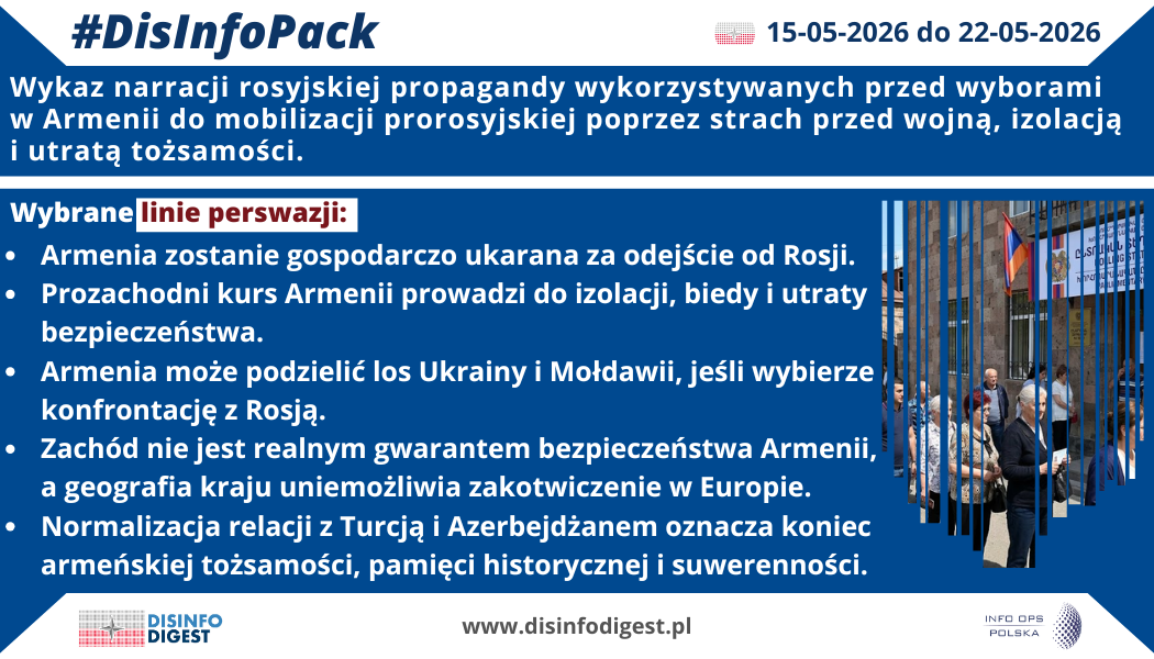 Przed nadchodzącymi wyborami w Armenii rosyjski aparat propagandowy intensyfikuje przekazy wymierzone w prozachodni kurs Erywania. Ich celem nie jest wyłącznie krytyka rządu Nikola Paszyniana, lecz przede wszystkim mobilizacja środowisk prorosyjskich poprzez wzbudzanie lęku przed konsekwencjami politycznego oddalania się od Moskwy. W analizowanych narracjach wybór geopolityczny Armenii przedstawiany jest nie jako suwerenna decyzja państwa, lecz jako ryzykowny eksperyment prowadzący do wojny, izolacji, ubóstwa i utraty tożsamości narodowej.