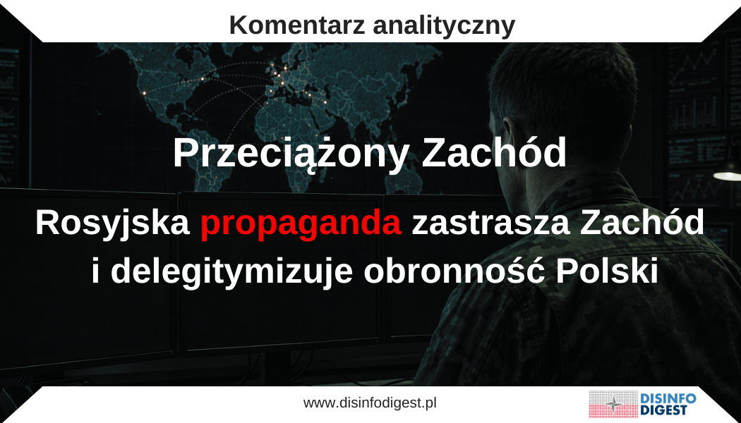 Monitoring rosyjskich "mediów" państwowych i propagandowych z ostatnich siedmiu dni wskazuje na nasilone łączenie kilku pozornie odrębnych tematów: obronności Polski, modernizacji Wojska Polskiego, polityki bezpieczeństwa NATO, wsparcia dla Ukrainy oraz sytuacji wokół Iranu. W rosyjskiej komunikacji propagandowej nie są to osobne wątki informacyjne, lecz elementy jednej konstrukcji narracyjnej. Jej głównym celem jest przedstawienie Zachodu jako obozu przeciążonego strategicznie, niespójnego politycznie, coraz bardziej kosztownego dla własnych społeczeństw i niezdolnego do jednoczesnego reagowania na kilka kryzysów. W tej ramie Polska odgrywa szczególną rolę. Jest przedstawiana jako państwo nadmiernie zmilitaryzowane, emocjonalnie zależne od Stanów Zjednoczonych, agresywne wobec Rosji i gotowe do eskalacji w imieniu NATO oraz Ukrainy. Rosyjskie media wykorzystują zarówno realne wydarzenia — takie jak podrywanie polskich myśliwców, rozmowy o obecności wojsk USA, polsko-brytyjski traktat obronny czy rozwój infrastruktury serwisowej dla Abramsów — jak i manipulacyjne interpretacje tych wydarzeń. Celem nie jest rzetelne opisanie polskiej polityki bezpieczeństwa, lecz przekształcenie działań obronnych w obraz rzekomej militaryzacji i przygotowań do konfrontacji.