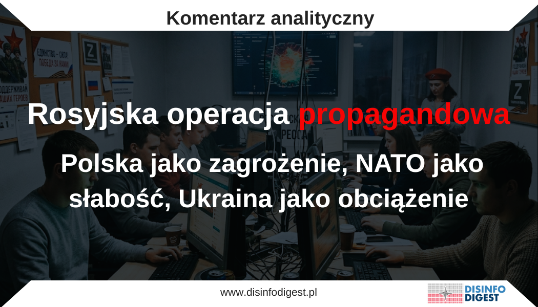 Monitoring wybranych rosyjskich mediów państwowych i propagandowych z okresu 29 kwietnia–6 maja 2026 r. wskazuje na kontynuację przekazów wymierzonych w Polskę, NATO, Ukrainę oraz zachodni system bezpieczeństwa. Analizowane narracje nie funkcjonują jako odrębne komunikaty, lecz jako elementy jednej operacji informacyjnej: Rosja przedstawiana jest w niej jako państwo reagujące defensywnie, natomiast Polska, NATO i Ukraina jako źródła eskalacji, destabilizacji oraz zagrożenia wojennego. W badanej propagandzie szczególnie widoczne były przekazy ukazujące Polskę jako państwo wciągające Europę w konflikt z Rosją, NATO jako strukturę agresywną, lecz jednocześnie słabą i niewydolną, a Ukrainę jako narzędzie zachodniej polityki konfrontacyjnej. Ważnym komponentem tej operacji informacyjnej była również sytuacja wokół Iranu, wykorzystywana przez rosyjskie media jako dowód rzekomego przeciążenia strategicznego Stanów Zjednoczonych i całego Zachodu.