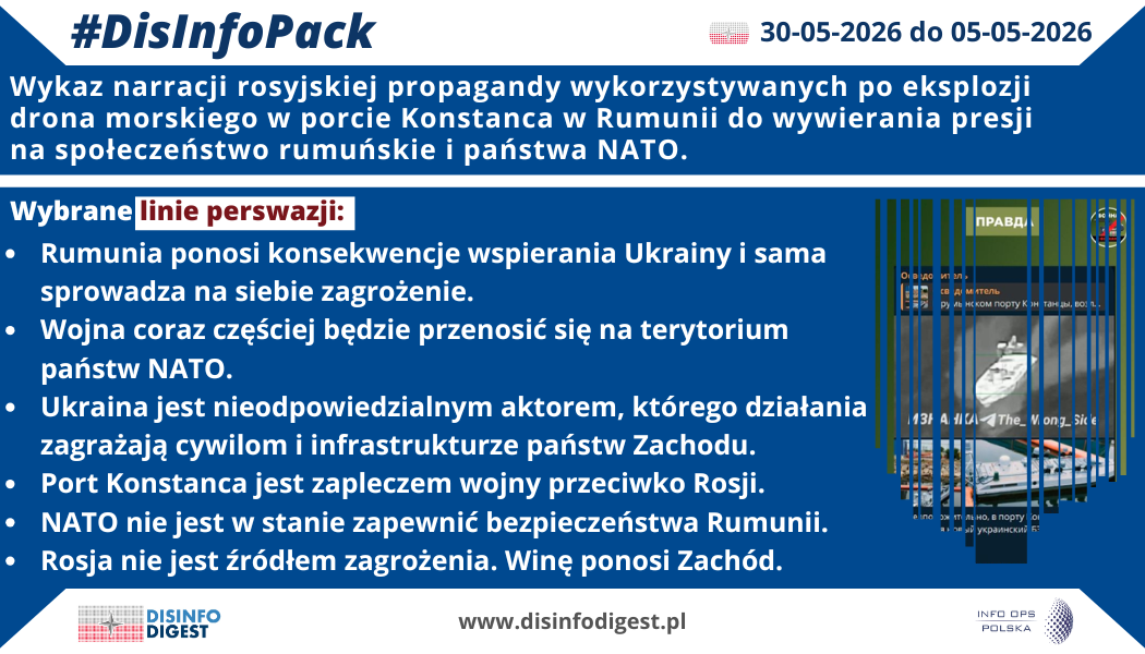 Monitoring rosyjskiej propagandy w Rumunii wskazuje, że eksplozja drona morskiego w porcie Konstanca została natychmiast wykorzystana przez aparat informacyjny Kremla jako pretekst do budowania narracji o „ukraińskim zagrożeniu” dla państw NATO. Rosyjski przekaz nie polegał na całkowitym zanegowaniu faktów, lecz na ich selektywnym użyciu i nadaniu im interpretacji zgodnej z interesem Moskwy. Ukraina została przedstawiona jako aktor nieodpowiedzialny, Rumunia jako państwo ponoszące konsekwencje własnej polityki wsparcia dla Kijowa, a NATO jako struktura niezdolna do zapewnienia bezpieczeństwa swoim członkom na wschodniej flance. Incydent w Konstancy stał się dla rosyjskiej propagandy dogodnym narzędziem oddziaływania psychologicznego. Realne zdarzenie — eksplozja drona morskiego w rumuńskim porcie — zostało przekształcone w materiał narracyjny służący do wzmacniania strachu przed rozszerzeniem wojny, podważania zaufania do Ukrainy oraz osłabiania społecznego poparcia dla dalszego wspierania Kijowa. W przekazie rosyjskim samo zdarzenie nie jest analizowane jako konsekwencja wojny prowadzonej przez Rosję przeciwko Ukrainie, lecz jako dowód, że to Ukraina i jej zachodni partnerzy generują zagrożenie dla państw NATO. Kluczowym mechanizmem tej operacji informacyjnej jest odwrócenie odpowiedzialności. Rosja próbuje usunąć z pola widzenia odbiorcy fakt, że destabilizacja Morza Czarnego, zagrożenie dla infrastruktury portowej oraz incydenty z dronami, minami i obiektami wojskowymi są bezpośrednio związane z rosyjską agresją. W miejsce tego kontekstu propaganda wprowadza prostą, emocjonalną tezę: Rumunia doświadcza zagrożenia, ponieważ wspiera Ukrainę.