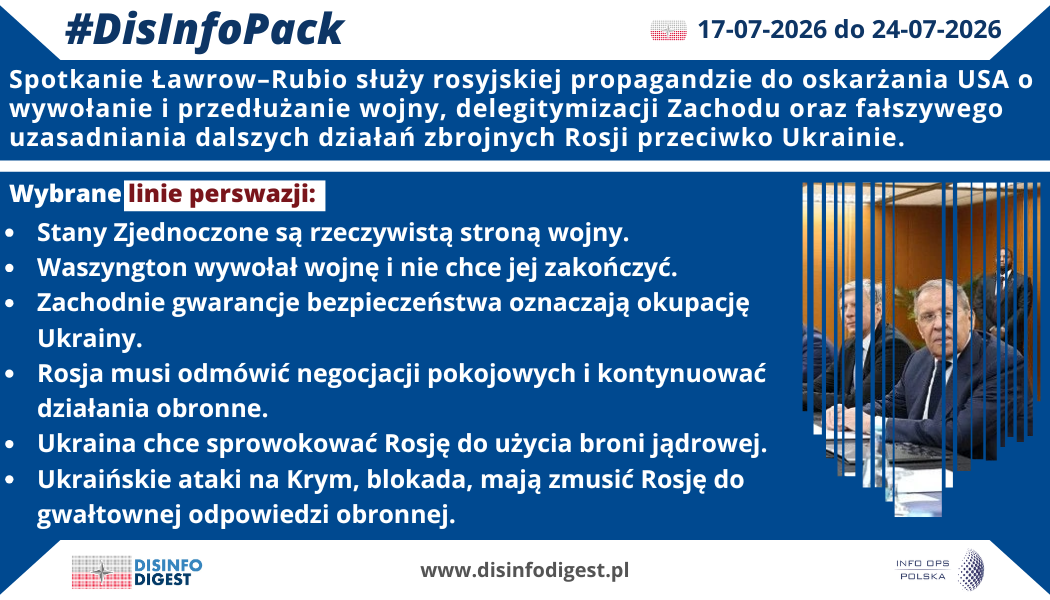 Spotkanie ministra spraw zagranicznych Rosji Siergieja Ławrowa z sekretarzem stanu USA Marco Rubio, w kuluarach szczytu ASEAN w Manili, zostało wykorzystane przez rosyjski aparat propagandowy do ponownego przedstawienia wojny przeciwko Ukrainie jako konfliktu wywołanego i sterowanego przez Zachód. Samo wydarzenie dyplomatyczne pełni w tym przekazie jedynie funkcję pretekstu. Zasadniczym celem narracji jest przeniesienie odpowiedzialności za brak pokoju, kontynuowanie rosyjskiej ofensywy oraz możliwą dalszą eskalację na Waszyngton, Kijów i państwa europejskie, w tym Polskę
