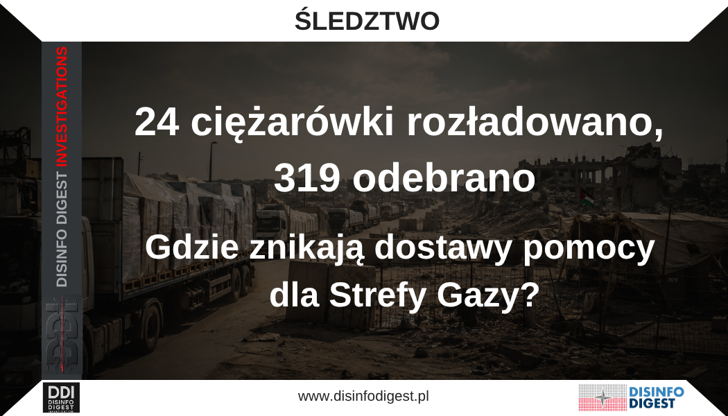 Zespół Disinfo Digest Investigation (DDI) postanowił sprawdzić, dlaczego dane o pomocy dla Strefy Gazy są tak trudne do odczytania i dlaczego na ich podstawie powstają wzajemnie sprzeczne obrazy sytuacji. Czy źródłem rozbieżności jest sposób organizacji dostaw i ich raportowania, czy poszczególni aktorzy wybierają te wskaźniki, które najlepiej wspierają ich przekaz? Komu służą poszczególne sposoby liczenia i czy mamy do czynienia z jedną operacją informacyjną, czy raczej z nakładającymi się działaniami komunikacyjnymi różnych stron? Żeby to ustalić, prześledziliśmy zarówno drogę pomocy, jak i drogę informacji o tej pomocy. Sprawdzaliśmy, kiedy transport jest zatwierdzany, kiedy ciężarówka przejeżdża przez przejście, kiedy ładunek zostaje rozładowany, odebrany i przewieziony do miejsca przeznaczenia. Następnie porównaliśmy te etapy z komunikatami izraelskimi, palestyńskimi, komunikatami ONZ oraz przekazem medialnym.