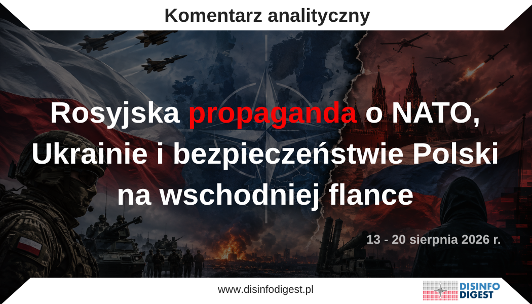 Rosyjskie narracje o NATO, Ukrainie i bezpieczeństwie Polski na wschodniej flance Kolejna odsłona monitoringu rosyjskiego środowiska informacyjnego wskazuje na wyraźne przesunięcie akcentów w przekazach dotyczących bezpieczeństwa Polski i wschodniej flanki NATO. Między 13 a 20 sierpnia 2026 roku Ukraina pozostawała jednym z głównych punktów odniesienia, ale coraz częściej stawała się częścią szerszej opowieści o wiarygodności NATO, trwałości amerykańskich gwarancji bezpieczeństwa, możliwościach zachodniego przemysłu obronnego oraz kosztach ponoszonych przez państwa wspierające Kijów. Znaczenie tego monitoringu nie ogranicza się do obserwacji rosyjskich mediów i oficjalnych komunikatów. Narracje powstające w rosyjskim środowisku informacyjnym mogą następnie przenikać do debat prowadzonych poza Rosją i funkcjonować już bez bezpośredniego odwołania do pierwotnego źródła. Ich elementy można rozpoznawać także w polskiej infosferze, przede wszystkim w mediach społecznościowych, komentarzach medialnych, a niekiedy również w wypowiedziach osób publicznych, polityków czy ekspertów. Samo podobieństwo argumentacji nie oznacza oczywiście świadomego powielania rosyjskiego przekazu ani związku z rosyjskimi działaniami informacyjnymi. Istotne jest jednak to, że raz wprowadzona rama interpretacyjna może funkcjonować dalej w lokalnej debacie i zostać włączona do istniejących sporów politycznych, społecznych i gospodarczych. Analiza obejmuje przekazy rosyjskich mediów państwowych i prorządowych, komunikaty instytucji Federacji Rosyjskiej, wypowiedzi przedstawicieli władz, resortów i służb oraz materiały rozpowszechniane przez podmioty funkcjonujące w rosyjskim ekosystemie informacyjnym. Monitoring objął przede wszystkim kwestie rozwoju Wojska Polskiego i wydatków obronnych, wzmacniania wschodniej flanki NATO, kosztów pomocy wojskowej dla Ukrainy, ukraińskich uderzeń na cele w Rosji oraz rosyjskich ataków na Ukrainę. Osobnym, ale coraz silniej łączonym z bezpieczeństwem Europy wątkiem pozostawała wojna amerykańsko-irańska. Rosyjskie źródła wykorzystywały ją do eksponowania ograniczeń amerykańskich zasobów wojskowych, zapasów uzbrojenia i możliwości równoczesnego utrzymywania zaangażowania na kilku kierunkach strategicznych. Zestawienie tych przekazów pokazuje konstrukcję szerszą niż suma pojedynczych komunikatów propagandowych. Zachód ma jednocześnie eskalować konfrontację z Rosją i mieć coraz większe trudności z jej długotrwałym prowadzeniem. Polska występuje w tym obrazie jako państwo wzmacniające własny potencjał militarny, kluczowe zaplecze wsparcia Ukrainy i ważny element wschodniej flanki NATO. Rosyjskie źródła równocześnie eksponują polityczne, społeczne i wojskowe koszty, które mają wynikać z przyjętej przez Warszawę polityki bezpieczeństwa. Polska, NATO i wojna na wyczerpanie. Nowe kierunki rosyjskiej propagandy wobec bezpieczeństwa Zachodu Rosyjskie media państwowe i prorządowe, przedstawiciele władz Federacji Rosyjskiej, resort obrony, Ministerstwo Spraw Zagranicznych oraz służby specjalne przedstawiają Warszawę na dwa pozornie sprzeczne sposoby. Z jednej strony Polska ma być państwem agresywnym, szybko się zbrojącym i przygotowującym do konfliktu z Rosją. Z drugiej pojawia się obraz kraju słabego, politycznie podzielonego, ponoszącego wysokie koszty wsparcia Ukrainy i ograniczającego w ten sposób własne możliwości obronne. Te dwa obrazy nie wykluczają się w logice rosyjskiego przekazu. Pierwszy wzmacnia tezę o zagrożeniu ze strony NATO i pozwala przedstawiać rosyjskie działania militarne jako odpowiedź na politykę państw Sojuszu. Drugi przenosi uwagę na koszty ponoszone przez Polskę i podważa przekonanie, że dalsze wspieranie Ukrainy wzmacnia bezpieczeństwo samej Polski. W zależności od odbiorcy eksponowane są więc inne elementy tego samego przekazu. W badanym okresie coraz wyraźniej widoczne było także łączenie wydarzeń z różnych kierunków strategicznych. Wojna przeciw Ukrainie, wzmacnianie wschodniej flanki NATO, dyskusje o dostępności pocisków do systemów Patriot oraz wojna amerykańsko-irańska były przedstawiane jako części jednego problemu. Rosyjskie źródła wykorzystywały je do budowania obrazu Zachodu, który musi jednocześnie angażować zasoby na kilku kierunkach, uzupełniać zapasy uzbrojenia i zwiększać produkcję przemysłu obronnego. Przewaga Zachodu nie jest przy tym kwestionowana wprost. Wątpliwość ma dotyczyć jego zdolności do utrzymania długotrwałego zaangażowania na kilku teatrach jednocześnie. Polska jako państwo „agresywne”, lecz jednocześnie słabe Jednym z najbardziej konsekwentnych elementów rosyjskiego przekazu pozostaje kwestionowanie defensywnego charakteru polskiej polityki bezpieczeństwa. Rozbudowa Wojska Polskiego, wzrost wydatków obronnych, rozwój marynarki wojennej oraz wzmacnianie obrony przeciwlotniczej i przeciwdronowej przedstawiane są przede wszystkim jako przejawy militaryzacji i przygotowań do konfrontacji z Rosją. Na dalszy plan schodzi przy tym kontekst, w którym działania te są podejmowane, przede wszystkim rosyjska agresja przeciw Ukrainie i wynikająca z niej zmiana sytuacji bezpieczeństwa w regionie. W tej narracji odwróceniu ulega relacja przyczynowo-skutkowa. Źródłem napięcia przestaje być rosyjska polityka wobec Ukrainy i państw regionu, a stają się nim działania Polski oraz NATO. Wzmocnienie zdolności obronnych może być dzięki temu przedstawiane jako kolejny dowód na ofensywne zamiary Zachodu, a rosyjska militaryzacja jako reakcja na narastające zagrożenie. Było to widoczne w relacjach ze Święta Wojska Polskiego. Prezentację nowoczesnego uzbrojenia, rozwój zdolności wojskowych i współpracę sojuszniczą rosyjskie źródła opisywały jako demonstracyjne „prężenie muskułów”. Modernizację polskich sił zbrojnych wpisywano zarazem w szerszy obraz państwa zabiegającego o szczególną pozycję militarną w Europie Środkowo-Wschodniej. Podobnie interpretowano rozwój polskiej marynarki wojennej. Rosyjskie media wykorzystywały polskie deklaracje dotyczące budowania silnej pozycji na Bałtyku i nadawały im znaczenie wykraczające poza modernizację sił morskich. Ambicję zwiększenia zdolności Polski na Morzu Bałtyckim interpretowano jako dowód dążenia do regionalnej dominacji. Manipulacja nie polegała więc na wymyśleniu samej deklaracji o rosnącej pozycji morskiej Polski, lecz na zmianie jej znaczenia i wpisaniu jej w obraz państwa o ambicjach ekspansywnych. Podobny zabieg stosowano wobec wypowiedzi dotyczących przygotowania państwa na możliwość konfliktu zbrojnego. Z deklaracji odnoszących się do odstraszania, odporności i zdolności do obrony wybierano sformułowania, które po usunięciu kontekstu mogły sugerować, że Warszawa sama przygotowuje się do wojny z Rosją. Dobrym przykładem była wypowiedź Marcina Bosackiego dotycząca konieczności szybkiego rozwijania zdolności przeciwdronowych. Użyte przez niego określenie „agresywnie” odnosiło się do tempa i intensywności działania. W rosyjskim przekazie zostało jednak wykorzystane jako sugestia, że polskie Ministerstwo Spraw Zagranicznych przyznało się do prowadzenia agresywnej polityki na kierunku wschodnim. Mechanizm polegał na zmianie znaczenia pojedynczego słowa przez odcięcie go od kontekstu wypowiedzi. W rezultacie sformułowanie dotyczące sposobu rozwijania zdolności obronnych mogło zostać przedstawione jako potwierdzenie znacznie szerszej tezy o ofensywnym charakterze polskiej polityki bezpieczeństwa. „Rusofobia” zamiast polityki bezpieczeństwa Równolegle rosyjski przekaz podważa racjonalne podstawy polskiej polityki bezpieczeństwa. Oceny dotyczące zagrożenia ze strony Rosji są przedstawiane nie jako rezultat analizy sytuacji strategicznej, lecz jako przejaw historycznej obsesji, „rusofobii” i emocjonalnej wrogości wobec Moskwy. Ten sposób argumentacji był widoczny także bezpośrednio przed analizowanym okresem i stanowi istotne tło dla przekazów obserwowanych między 13 a 20 sierpnia. Rosyjskie MSZ wykorzystało wypowiedzi prezydenta Karola Nawrockiego dotyczące polskiego interesu w powstrzymywaniu rosyjskiej ekspansji do przedstawienia Warszawy jako państwa kierującego się historycznymi uprzedzeniami, a nie oceną bieżącego środowiska bezpieczeństwa. Maria Zacharowa odwoływała się przy tym do II wojny światowej, roli ZSRR w powojennej odbudowie Polski oraz ofiar Armii Czerwonej. Współczesna polityka bezpieczeństwa traci w tej narracji aktualny kontekst, a jej źródeł szuka się w rzekomej niewdzięczności wobec Rosji. Jest to kontynuacja obecnej od lat narracji o historycznym „długu” Polski wobec Związku Sowieckiego. Pozwala ona jednocześnie podważać zasadność współczesnej krytyki Rosji i przedstawiać polską politykę jako emocjonalną, nieracjonalną oraz obciążoną nierozliczoną historią. Militaryzacja jako koszt społeczny Drugi nurt przekazu dotyczącego Polski koncentruje się na społecznych i gospodarczych kosztach polityki obronnej. Rosyjskie media eksponowały sondaże dotyczące poparcia dla wzrostu wydatków wojskowych, zwracając uwagę na tę część społeczeństwa, która uzależnia dalsze zwiększanie nakładów od sytuacji gospodarczej. Wyniki takich badań wpisywano w narrację o postępującej militaryzacji kraju. Wydatki na obronność funkcjonują tu przede wszystkim jako obciążenie dla obywateli, a nie jako odpowiedź państwa na pogorszenie sytuacji bezpieczeństwa. Dyskusja o potrzebach sił zbrojnych zostaje przesunięta w stronę pytania o koszty ponoszone przez społeczeństwo i konsekwencje decyzji podejmowanych przez władze. Podobny sposób argumentacji pojawiał się przy działaniach polskich sił zbrojnych podejmowanych podczas rosyjskich ataków rakietowych i dronowych na Ukrainę. Poderwanie samolotów oraz zwiększenie gotowości obrony powietrznej przedstawiano jako kosztowną reakcję na zagrożenie, którego znaczenie rosyjskie źródła równocześnie podważały. W jednym z materiałów eksponowano koszt godziny lotu polskiego F-16, wykorzystując go do pokazania finansowych skutków regularnego uruchamiania procedur bezpieczeństwa. Polska ma więc nie tylko przeznaczać coraz większe środki na rozbudowę sił zbrojnych, lecz również ponosić bieżące koszty reagowania na rosyjskie działania wojskowe. Rosyjski przekaz pomija przy tym przyczynę uruchamiania tych procedur i koncentruje uwagę na ich cenie. Patriot jako symbol konfliktu interesów Polski i Ukrainy Jednym z najbardziej wyraźnych tematów wyłaniających się z monitoringu był spór dotyczący pocisków przechwytujących do systemów Patriot. Rosyjskie media przedstawiały go jako przykład bezpośredniej konkurencji między bezpieczeństwem Polski i potrzebami Ukrainy. W tej logice każdy pocisk przechwytujący przekazany Kijowowi oznacza zmniejszenie zasobów dostępnych dla polskiej obrony powietrznej. Sam problem ograniczonej dostępności rakiet jest realny, jednak w rosyjskim przekazie zostaje sprowadzony do prostego bilansu strat i korzyści. Na dalszy plan schodzi znaczenie ukraińskiej obrony powietrznej dla bezpieczeństwa całego regionu oraz fakt, że część rosyjskich zdolności uderzeniowych jest zużywana i niszczona jeszcze przed osiągnięciem przestrzeni bezpośrednio sąsiadującej z NATO. Całość układa się w ramę gry o sumie zerowej, w której wsparcie Ukrainy odbywa się kosztem bezpieczeństwa Polski. Publiczne apele władz ukraińskich o kolejne dostawy rakiet przedstawiane są przy tym jako presja na Warszawę. Rosyjskie źródła eksponują przede wszystkim pytanie, ile Polska może jeszcze przekazać i czy dalsza pomoc nie osłabi jej własnych zdolności obronnych. Podobnie przedstawiana jest polsko-ukraińska współpraca wojskowo-techniczna. Rozmowy dotyczące możliwego przekazania polskich MiG-29, ukraińskich dronów oraz technologii ich produkcji mają rzeczywisty wymiar negocjacyjny i transakcyjny. Rosyjskie źródła wyostrzają jednak ten element i redukują całą relację do targu między partnerami, których interesy coraz częściej mają się ze sobą rozmijać. Na pierwszy plan wysuwa się wtedy pytanie o wzajemne korzyści, wypierając szerszy kontekst wspólnego interesu strategicznego. Wsparcie Ukrainy przestaje być przedstawiane jako element polityki bezpieczeństwa Polski, a staje się kosztem, który powinien przynosić bezpośredni i natychmiastowy zwrot. Próba rozrywania relacji polsko-ukraińskich Istotnym elementem rosyjskiego przekazu pozostaje wykorzystywanie sporów historycznych oraz napięć społecznych w relacjach polsko-ukraińskich. Szczególne znaczenie mają Wołyń, polityka pamięci i odwołania do tradycji Organizacji Ukraińskich Nacjonalistów. W analizowanym okresie rosyjskie media zestawiały polskie obchody wojskowe z pochówkiem Jewhena Konowalca w Kijowie. Wydarzenie przedstawiano jako kolejny dowód, że Ukraina oczekuje wsparcia Polski, a równocześnie honoruje postacie i środowiska budzące w Polsce silne kontrowersje historyczne. Spór o pamięć przestaje wówczas dotyczyć konkretnych postaci, wydarzeń czy sposobu ich upamiętniania. Zaczyna służyć kwestionowaniu sensu współczesnej współpracy z Ukrainą jako takiej. Podobny mechanizm widać w sposobie przedstawiania napięć społecznych związanych z obecnością obywateli Ukrainy w Polsce. Przestępstwa, lokalne konflikty, dyskusje o deportacjach i antyukraińskie wypowiedzi są zestawiane tak, aby tworzyć obraz narastającego i ogólnokrajowego problemu. Pojedyncze wydarzenia zaczynają wówczas pełnić funkcję dowodów na znacznie szerszy trend społeczny. W najbardziej radykalnych materiałach pojawiała się nawet retoryka sugerująca możliwość „pogromów” Ukraińców w Polsce. Takie określenia wykraczają poza opis realnych napięć i wzmacniają obraz szybko pogarszających się relacji między Polakami a Ukraińcami. Do tego samego repertuaru należy powracająca narracja o polskich roszczeniach terytorialnych wobec Ukrainy. Hasła dotyczące Lwowa czy Kresów, pojawiające się między innymi w środowiskach kibicowskich, są przedstawiane jako oznaka szerszych ambicji Warszawy. Lokalne i marginalne wypowiedzi zyskują wówczas rangę symptomów polityki państwa. Ten kierunek przekazu ma szczególne znaczenie dla odbiorców ukraińskich. Buduje obraz Polski jako partnera, którego deklarowane wsparcie może być warunkowe, interesowne, a w skrajnej wersji także powiązane z ukrytymi ambicjami terytorialnymi. Polska jako przeciwnik wywiadowczy Rosji W analizowanym okresie wyraźniej zaznaczył się także wątek aktywności polskich służb specjalnych. 14 sierpnia FSB nagłośniła sprawę Georgija Pirogowa, który według rosyjskiej służby miał współpracować z przedstawicielem polskiego wywiadu wojskowego i pozyskiwać informacje o rosyjskich systemach rakietowych oraz osobach mających dostęp do informacji niejawnych. Rosyjskie twierdzenia dotyczące charakteru tej współpracy nie mogą być niezależnie zweryfikowane. Znaczenie komunikacyjne sprawy jest jednak czytelne. Polska występuje tu nie tylko jako państwo wspierające Ukrainę politycznie, wojskowo i logistycznie, lecz także jako bezpośredni przeciwnik prowadzący działalność wywiadowczą przeciw wrażliwym elementom rosyjskiego potencjału strategicznego.Tym samym rozszerza się katalog form udziału w wojnie przypisywanych Polsce. Obejmuje on już nie tylko pomoc polityczną, logistykę i dostawy uzbrojenia, ale również działalność wywiadowczą prowadzoną bezpośrednio przeciw Rosji. NATO jako rzeczywista strona konfliktu Ten sam proces widać w przekazach dotyczących całego Sojuszu. Rosyjskie MSZ i media państwowe coraz częściej przedstawiają NATO jako faktycznego uczestnika działań wojennych. Maria Zacharowa mówiła między innymi o przekazywaniu ukraińskim służbom przez państwa zachodnie danych dotyczących priorytetowych celów w Rosji, w tym infrastruktury energetycznej i żeglugi. Taki przekaz rozszerza odpowiedzialność za konkretne działania bojowe na państwa dostarczające Ukrainie uzbrojenie, dane rozpoznawcze, informacje o celach, technologie i szkolenie. W rosyjskiej interpretacji wsparcie wojskowe coraz częściej zostaje więc zrównane z bezpośrednim udziałem w ataku. Szczególnie wyraźnie widać to w przekazach dotyczących Wielkiej Brytanii. Po doniesieniach o wykorzystaniu brytyjskich środków do uderzeń w głębi Rosji ambasada Federacji Rosyjskiej w Londynie określała Wielką Brytanię jako wspólnika „ukraińskiego terroryzmu” i ostrzegała, że zwiększanie zaangażowania będzie wiązało się z rosnącymi kosztami dla Londynu. Równocześnie w prokremlowskim ekosystemie medialnym pojawiały się rozważania o możliwości rosyjskiej odpowiedzi wobec państw NATO. W ten sposób budowane jest uzasadnienie, według którego ewentualne działania Rosji przeciwko któremukolwiek z państw Sojuszu mogłyby zostać przedstawione nie jako eskalacja ze strony Moskwy, lecz jako odpowiedź na wcześniejsze zaangażowanie Zachodu w wojnę. Wschodnia flanka jako „infrastruktura agresji” Szczególnym elementem rosyjskiego przekazu pozostaje kwestionowanie defensywnego charakteru wschodniej flanki NATO. Rosyjskie źródła traktują rozbudowę systemów przeciwdronowych i przeciwlotniczych, ćwiczenia wojskowe, zwiększoną aktywność lotniczą, rozwój infrastruktury w Polsce i państwach bałtyckich oraz obecność wojsk sojuszniczych jako kolejne etapy przygotowań do konfrontacji z Rosją. W tej logice niemal każde działanie podejmowane w celu wzmocnienia obrony może zostać odczytane jako przygotowanie ofensywne. Zwiększanie liczby systemów obrony powietrznej staje się dowodem militaryzacji, rozwój wojsk lądowych przygotowaniem do wojny, a ćwiczenia NATO treningiem przed przyszłą agresją. Ten sam schemat obejmuje wzmacnianie granic przez państwa bałtyckie, któremu przypisuje się funkcję infrastruktury przygotowywanej na potrzeby przyszłego konfliktu. W takiej logice rosyjska agresja przeciw Ukrainie oraz wynikająca z niej zmiana środowiska bezpieczeństwa w Europie przestają być przyczyną wzmacniania wschodniej flanki. W ich miejsce pojawia się obraz NATO jako strony, która sama napędza eskalację i tworzy warunki do militarnej konfrontacji z Rosją. NATO chce wojny, ale nie ma czym jej prowadzić Rosyjska narracja łączy dwa sprzeczne obrazy NATO. Sojusz ma dążyć do konfrontacji z Rosją, a równocześnie nie być zdolny do prowadzenia długotrwałego konfliktu. Rosyjskie źródła chętnie przywoływały zachodnie analizy dotyczące konieczności uzupełniania zapasów, zwiększania produkcji amunicji i przygotowania sił zbrojnych na możliwość długiej wojny. Materiały tego rodzaju opatrywano nagłówkami sugerującymi, że Zachód uznaje przyszły konflikt z Rosją za coraz bardziej prawdopodobny, a nawet nieunikniony. Te same analizy służyły jednak równolegle do eksponowania ograniczeń zachodniego potencjału. Niedobory amunicji, tempo produkcji uzbrojenia, czas potrzebny na odbudowę zapasów i rosnące potrzeby państw NATO miały dowodzić, że Sojusz nie jest przygotowany do prowadzenia długiej wojny. Sojusz ma zatem przygotowywać się do wojny, choć według tych samych źródeł nie dysponuje środkami pozwalającymi skutecznie prowadzić długotrwały konflikt. Ukraiński „terroryzm” i rosyjska „precyzja” Wyraźnym elementem rosyjskiej komunikacji pozostaje asymetria języka używanego do opisu działań obu stron wojny. Ukraińskie uderzenia na cele w Rosji, w tym infrastrukturę paliwową i logistyczną, obiekty wojskowe oraz cele w rejonie Moskwy, są konsekwentnie określane jako działania terrorystyczne. Rosyjskie MSZ, resort obrony i media państwowe używają określeń takich jak „akty terrorystyczne”, „ataki na ludność cywilną”, „maszyna terrorystyczna” czy „zbrodnie kijowskiego reżimu”. Taki język odcina ukraińskie działania od kontekstu trwającej wojny. Maria Zacharowa wiązała przy tym deklarowany spadek potencjału wojskowego Ukrainy ze wzrostem liczby ataków na cele cywilne, wpisując uderzenia w Rosji w obraz przeciwnika, który wobec słabości na froncie coraz częściej sięga po terror. Rosyjska komunikacja musi jednak uwzględniać fakt, że ukraińskie bezzałogowce docierają coraz głębiej na terytorium Federacji Rosyjskiej. Komunikaty o setkach przechwyconych dronów, zagrożeniu dla Moskwy, Krymu i kolejnych regionów pokazują skalę tych operacji, ale równocześnie służą podkreślaniu sprawności rosyjskiej obrony przeciwlotniczej. Wysoka liczba deklarowanych zestrzeleń pozwala pogodzić dwa obrazy. Rosja jest celem masowych ataków, lecz jej system obrony ma pozostawać skuteczny. Dopełnieniem tej argumentacji są zestawienia kosztów produkcji i użycia bezzałogowców z deklarowanymi rezultatami operacji. Ukraińska kampania dronowa ma dzięki temu wyglądać na kosztowną i nieefektywną, mimo że sama skala uderzeń świadczy o rosnących możliwościach prowadzenia operacji dalekiego zasięgu. Rosyjskie uderzenia na Ukrainę opisywane są według odmiennego schematu. Po masowych atakach na Kijów 20 sierpnia Ministerstwo Obrony Federacji Rosyjskiej szczegółowo wymieniało przedsiębiorstwa, magazyny i zakłady związane według resortu z ukraińskim przemysłem obronnym oraz produkcją bezzałogowców i pocisków. Uwaga zostaje skierowana z rozmiaru bombardowania na katalog deklarowanych celów wojskowych. Zamiast obrazu ataku na wielomilionowe miasto pojawia się opis serii zaplanowanych i rzekomo precyzyjnych uderzeń w elementy potencjału militarnego. Ten sam schemat obejmuje porty, logistykę i infrastrukturę transportową. Obiekty pełniące również funkcje cywilne mogą zostać zakwalifikowane jako element infrastruktury wojskowej, jeśli służą transportowi uzbrojenia, paliwa lub towarów podwójnego zastosowania. Katalog celów uznawanych przez Moskwę za wojskowo uzasadnione staje się dzięki temu bardzo szeroki. Różnica w kwalifikowaniu działań obu stron jest zasadnicza. Ukraińskie uderzenie w rosyjską infrastrukturę jest „terroryzmem”, rosyjskie uderzenie w infrastrukturę ukraińską „neutralizowaniem potencjału wojskowego”. Atak Ukrainy ma świadczyć o eskalacji i słabości, podczas gdy rosyjskie działania są opisywane jako odpowiedź, odwet lub realizacja celów wojskowych. Ta asymetria pozwala delegitymizować ukraińskie uderzenia, a jednocześnie utrzymywać obraz rosyjskich ataków jako działań racjonalnych i militarnie uzasadnionych. W analizowanym okresie pojawił się również przekaz dotyczący nadchodzącej zimy. Na oficjalnym kanale rosyjskiego Ministerstwa Obrony opublikowano materiał sugerujący, że Ukrainę czeka zimą „zamrożenie”. Tego rodzaju język wyraźnie różni się od technicznych komunikatów o uderzeniach w przemysł obronny i infrastrukturę wykorzystywaną przez wojsko. Odwołuje się bezpośrednio do warunków życia ludności cywilnej i konsekwencji możliwych problemów z dostawami energii. Przyszła zima zaczyna tym samym pełnić rolę narzędzia presji psychologicznej jeszcze przed pojawieniem się jej rzeczywistych skutków. Iran jako drugi front wojny na wyczerpanie Jednym z nowych elementów rosyjskiego przekazu było wykorzystanie wojny amerykańsko-irańskiej do opisu szerszego problemu przeciążenia strategicznego Stanów Zjednoczonych. Eksponowano koszty prowadzonych operacji, wydłużanie misji, trudności logistyczne oraz ograniczone zapasy uzbrojenia. Konflikt z Iranem był przy tym przedstawiany jako kolejny kierunek wymagający zaangażowania amerykańskich sił i zasobów. Szczególne miejsce zajmowały doniesienia dotyczące lotniskowca USS Abraham Lincoln. Informacje o przedłużeniu misji, kondycji załogi i problemach z morale wykorzystywano do budowania znacznie szerszego obrazu amerykańskich sił zbrojnych obciążonych jednoczesnym zaangażowaniem na kilku kierunkach. Problemy jednego lotniskowca urastały do przykładu ograniczeń całego systemu projekcji siły Stanów Zjednoczonych. Iran występował natomiast jako państwo, które mimo wyraźnej przewagi technologicznej przeciwnika zachowuje możliwość narzucania mu kosztów i wiązania jego zasobów. Ważnym elementem tej narracji pozostawała Cieśnina Ormuz, której strategiczne znaczenie służyło budowaniu obrazu Iranu jako aktora zdolnego wpływać na kalkulacje znacznie silniejszego przeciwnika i wymuszać utrzymywanie znaczących sił w regionie. Najbardziej konsekwentnym sposobem łączenia wojny amerykańsko-irańskiej z wojną przeciw Ukrainie pozostaje w rosyjskim przekazie kwestia dostępności pocisków do systemów Patriot. Rosyjskie media eksponowały zachodnie analizy wskazujące na wysokie zużycie pocisków przechwytujących na Bliskim Wschodzie, zestawiając je z równoczesnym zapotrzebowaniem Ukrainy i państw NATO. W tej narracji poszczególne teatry działań konkurują o te same ograniczone zasoby. Wojna z Iranem łączy się więc bezpośrednio z bezpieczeństwem Ukrainy i wschodniej flanki NATO. Ten sam pocisk przechwytujący nie może zostać wykorzystany jednocześnie w Polsce, na Ukrainie, na Bliskim Wschodzie i do ochrony amerykańskich baz w Indo-Pacyfiku. Na tej podstawie pojawia się szersza teza o ograniczonej zdolności Stanów Zjednoczonych do równoczesnego wypełniania zobowiązań na kilku kierunkach. Amerykańskie gwarancje bezpieczeństwa nie są podważane wprost. Wątpliwość dotyczy możliwości ich realizacji podczas kilku równoczesnych kryzysów. Stany Zjednoczone mogą obiecywać bezpieczeństwo wielu partnerom, ale według tej narracji w sytuacji przeciążenia będą zmuszone wybierać, gdzie skierować ograniczone zasoby. Wojna przemysłowa jako rosyjska teoria zwycięstwa Coraz częściej w rosyjskiej narracji pojawiają się sugestie, że o wyniku długotrwałej konfrontacji nie przesądzi przewaga technologiczna, lecz zdolność do utrzymania produkcji, uzupełniania zapasów i ponoszenia kosztów przez wiele lat. Rosja i Iran występują tu jako państwa zdolne do używania relatywnie tanich środków napadu powietrznego przeciw znacznie droższym systemom obrony. Rosyjskie media chętnie zestawiają koszt drona lub pocisku z ceną pocisku użytego do jego przechwycenia, przedstawiając taką wymianę jako ekonomicznie niekorzystną dla Zachodu. Porównania te są jednak uproszczone. Pomija się w nich wartość chronionych obiektów oraz koszty, jakie mogłoby spowodować skuteczne uderzenie. W manipulacyjnym przekazie liczy się przede wszystkim różnica ceny między środkiem atakującym a użytym do jego zniszczenia pociskiem przechwytującym. Z takiego rachunku wyłania się obraz wojny, w której nawet skuteczna obrona prowadzi do stopniowego wyczerpywania zachodnich zapasów. W tym miejscu łączą się wątki dotyczące Ukrainy, Iranu, Polski i NATO. Rosyjski przekaz nie musi podważać przewagi technologicznej Zachodu. Znacznie ważniejsze staje się pytanie o tempo produkcji, dostępność amunicji i zdolność do równoczesnego utrzymywania zaangażowania na kilku kierunkach. Zachodni model wojskowy przedstawiany jest więc jako skuteczny, ale kosztowny i trudny do utrzymania w długotrwałym konflikcie. Służby specjalne i przygotowanie odbiorcy na przyszłe oskarżenia W analizowanym okresie uwagę zwracała również aktywność rosyjskiego wywiadu zagranicznego. SWR informował o rzekomych przygotowaniach zachodnich służb do operacji, która miałaby upozorować dostawy rosyjskiej broni do karteli narkotykowych w Ameryce Łacińskiej. Znaczenie tego komunikatu wykraczało poza opis jednej domniemanej operacji. Tego rodzaju przekaz pozwala z wyprzedzeniem podważać wiarygodność materiałów, które w przyszłości mogłyby obciążać Rosję. Jeżeli odbiorca wcześniej przyjmie założenie, że zachodnie służby przygotowują prowokację, późniejsze dowody mogą zostać łatwiej przedstawione jako element wcześniej zaplanowanej operacji informacyjnej. SWR wpisywał przy tym powyższe twierdzenia w szerszy schemat rosyjskiej komunikacji, odwołujący się między innymi do Buczy i wcześniejszych oskarżeń o zachodnie prowokacje. Odbiorca otrzymuje obraz przeciwnika, który nie tylko prowadzi działania przeciw Rosji, ale również systematycznie fabrykuje dowody mające ją kompromitować. Operacje niejawne jako próba osłabiania zaufania wewnątrz NATO Warstwa oficjalnych komunikatów państwowych była uzupełniana przez kampanie prowadzone poza jawnym obiegiem. Przykładem była operacja przypisywana ekosystemowi Storm-1516, w ramach której rozpowszechniano fałszywą historię o ukraińskim żołnierzu, który podczas ćwiczeń na Łotwie miał zastrzelić trzech wojskowych NATO. Do uwiarygodnienia przekazu wykorzystano materiał stylizowany na publikację Euronews oraz sieć prorosyjskich kont i kanałów. Konstrukcja fałszywej historii pozwalała uderzać jednocześnie w Ukrainę i NATO, ponieważ ukraiński żołnierz został przedstawiony jako osoba psychicznie niestabilna i niebezpieczna, a samo NATO jako struktura niezdolna zapewnić bezpieczeństwa podczas własnych ćwiczeń. Przekaz podważał również obraz Ukraińców jako wiarygodnych partnerów wojskowych. Polska w centrum rosyjskiej konstrukcji informacyjnej Polska znajduje się na przecięciu kilku najważniejszych kierunków rosyjskiego oddziaływania informacyjnego. Jest państwem wschodniej flanki NATO, kluczowym zapleczem logistycznym wsparcia Ukrainy i jednym z krajów najszybciej zwiększających wydatki obronne. Jej bezpieczeństwo pozostaje również silnie związane z wiarygodnością amerykańskiego odstraszania i zdolnością Sojuszu do reagowania na kryzys na wschodniej flance. Dlatego działania informacyjne wobec Polski nie ograniczają się do przedstawiania jej jako przeciwnika. Coraz większe znaczenie ma podważanie przekonania, że przyjęta przez Warszawę polityka rzeczywiście wzmacnia zdolność państwa do obrony. Wsparcie Ukrainy ma uszczuplać polskie zasoby, rozbudowa sił zbrojnych ma oznaczać kosztowną militaryzację, a zależność od NATO i Stanów Zjednoczonych zwiększać ryzyko związane z ograniczoną dostępnością zachodniego uzbrojenia. Najważniejszym elementem tej konstrukcji nie jest więc pojedyncza narracja o Ukrainie, NATO czy wydatkach obronnych. Wszystkie te wątki prowadzą do zakwestionowania podstawowej kalkulacji strategicznej Warszawy, zgodnie z którą wzmacnianie własnych zdolności, utrzymywanie silnego NATO i wspieranie Ukrainy ograniczają zagrożenie ze strony Rosji. W badanym okresie coraz silniej akcentowano nie sam przebieg wojny przeciw Ukrainie, lecz wiarygodność systemu bezpieczeństwa, na którym opiera się polska polityka obronna.