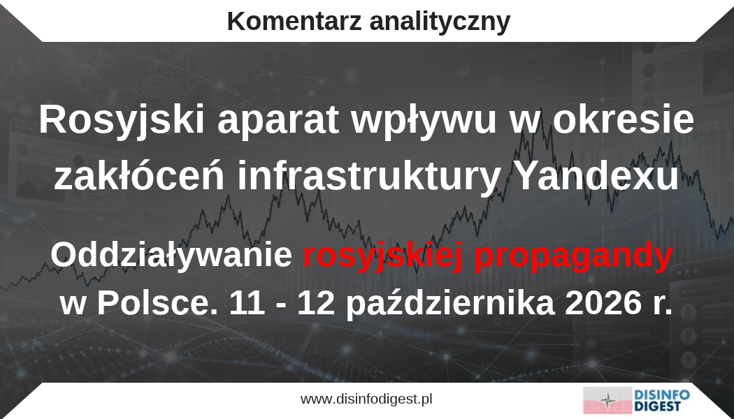 Doniesienia o atakach na infrastrukturę serwerową Yandexu oraz gwałtownym spadku automatycznego ruchu sieciowego stały się punktem wyjścia do analizy aktywności rosyjskiego aparatu wpływu w polskojęzycznym środowisku informacyjnym. Fundacja INFO OPS Polska postanowiła sprawdzić, czy zakłóceniom infrastrukturalnym towarzyszyły zmiany aktywności publikacyjnej monitorowanych kanałów. Badanie skoncentrowano na modelu VIEDM, którego rosyjską atrybucję ustalono podczas wcześniejszego monitoringu, oraz rozpowszechnianych w jego ramach przekazach dotyczących Polski, Ukrainy, NATO, Unii Europejskiej i Stanów Zjednoczonych. Według dostępnych pomiarów spadek natężenia automatycznego ruchu sieciowego związanego z Yandexem rozpoczął się 8 października 2026 roku. W kolejnych dwóch dniach aktywność pozostawała na ograniczonym poziomie. Najniższe wartości zarejestrowano 11 października, między godziną 02:00 a 04:00 czasu polskiego, kiedy ruch osiągnął około 0,3–0,5% maksimum pomiarowego. Tego samego dnia po południu rozpoczęła się jego częściowa odbudowa. Skala zakłóceń rodziła pytania o ich potencjalny wpływ na rosyjskie operacje informacyjne, jednak sam spadek ruchu sieciowego nie dowodził ograniczenia aktywności kont propagandowych ani uszkodzenia infrastruktury wykorzystywanej do operacji wpływu. Dane Cloudflare Radar dotyczyły automatycznego ruchu HTTP pochodzącego z infrastruktury sieciowej Yandexu, obejmującego między innymi aktywność robotów indeksujących strony internetowe. Nie stanowiły natomiast pomiaru liczby kont propagandowych ani częstotliwości publikowania przez nie treści w mediach społecznościowych. Rozróżnienie to ma zasadnicze znaczenie dla oceny możliwego wpływu zakłóceń infrastrukturalnych na rosyjskie operacje informacyjne. Zasadniczym celem badania była ocena ciągłości aktywności publikacyjnej VIEDM w okresie zakłóceń infrastruktury Yandexu. Analizie poddano częstotliwość i rozkład czasowy publikacji, powtarzalność komunikatów oraz strukturę rozpowszechnianych narracji. Podstawę analizy stanowiło 611 polskojęzycznych rekordów informacyjnych zarejestrowanych w ramach rozszerzonego monitoringu VIEDM w dniach 11–12 października 2026 roku.
